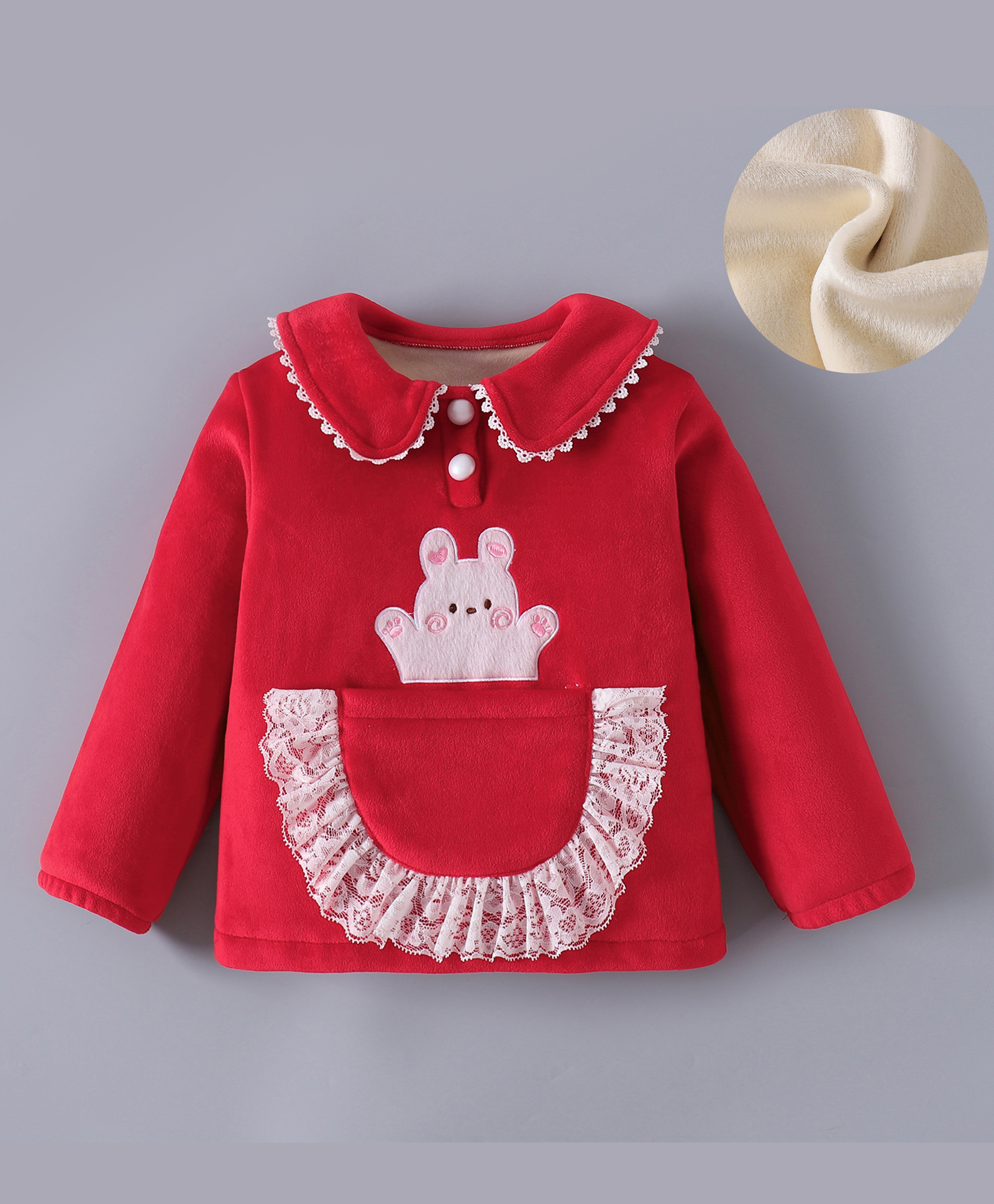 Kookie Kids Full Sleeves Peter Pan Collar Neck Sweatshirt with Bear Patch & Lace Detailing - Red-picture-14