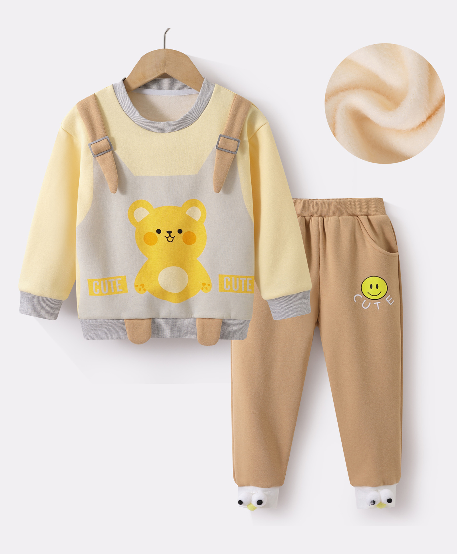 Kookie Kids Full Sleeves WinterWear T-Shirt & Lounge Pant Set with Bear Print - Beige-picture-18