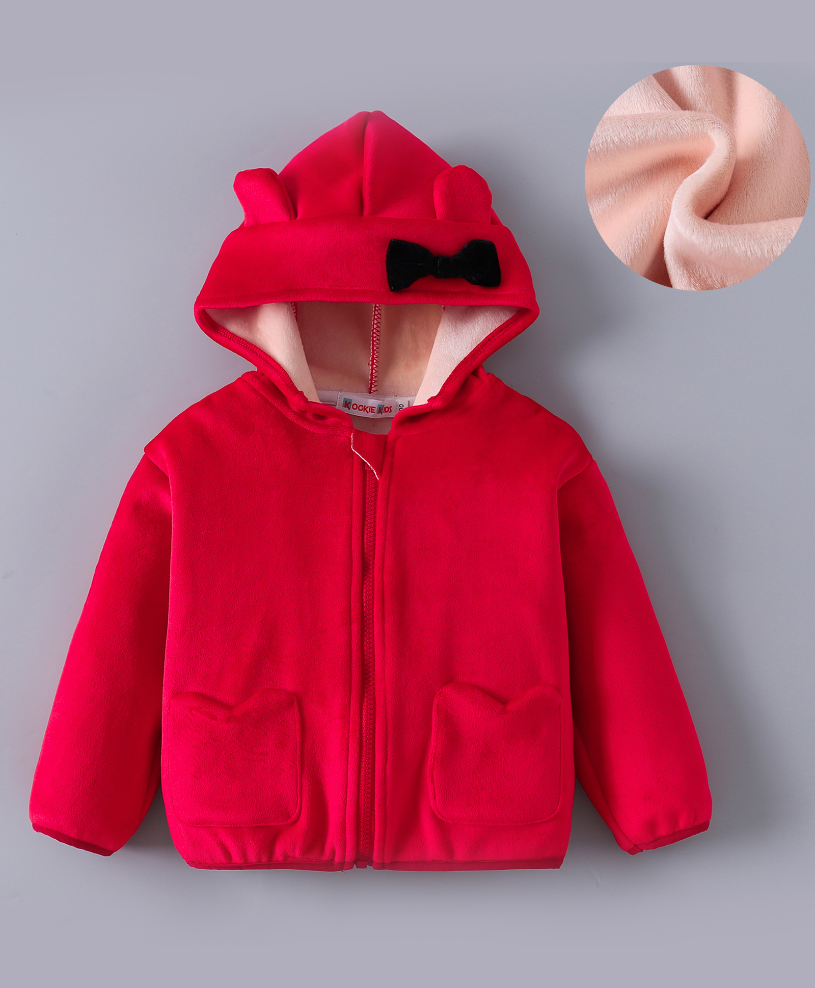 Kookie Kids Full Sleeves Hooded Sweat Jacket With Bow & Ears Applique - Red-picture-11
