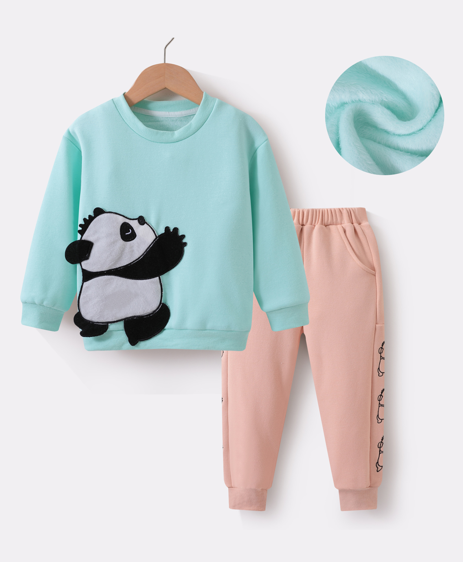 Kookie Kids Full Sleeves Winter Wear T-Shirt & Lounge Pant Set with Panda Patch & Print -Sea Green-picture-15