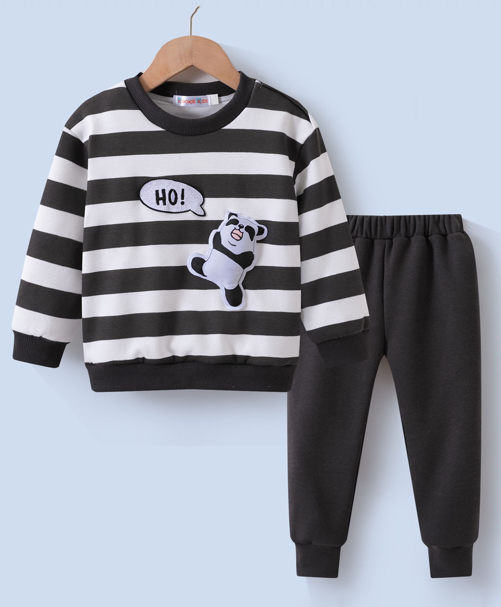 Kookie Kids Full Sleeves Striped Winter Wear T-Shirt & Lounge Pant Set with Panda Patch- Charcoal Grey-picture-37