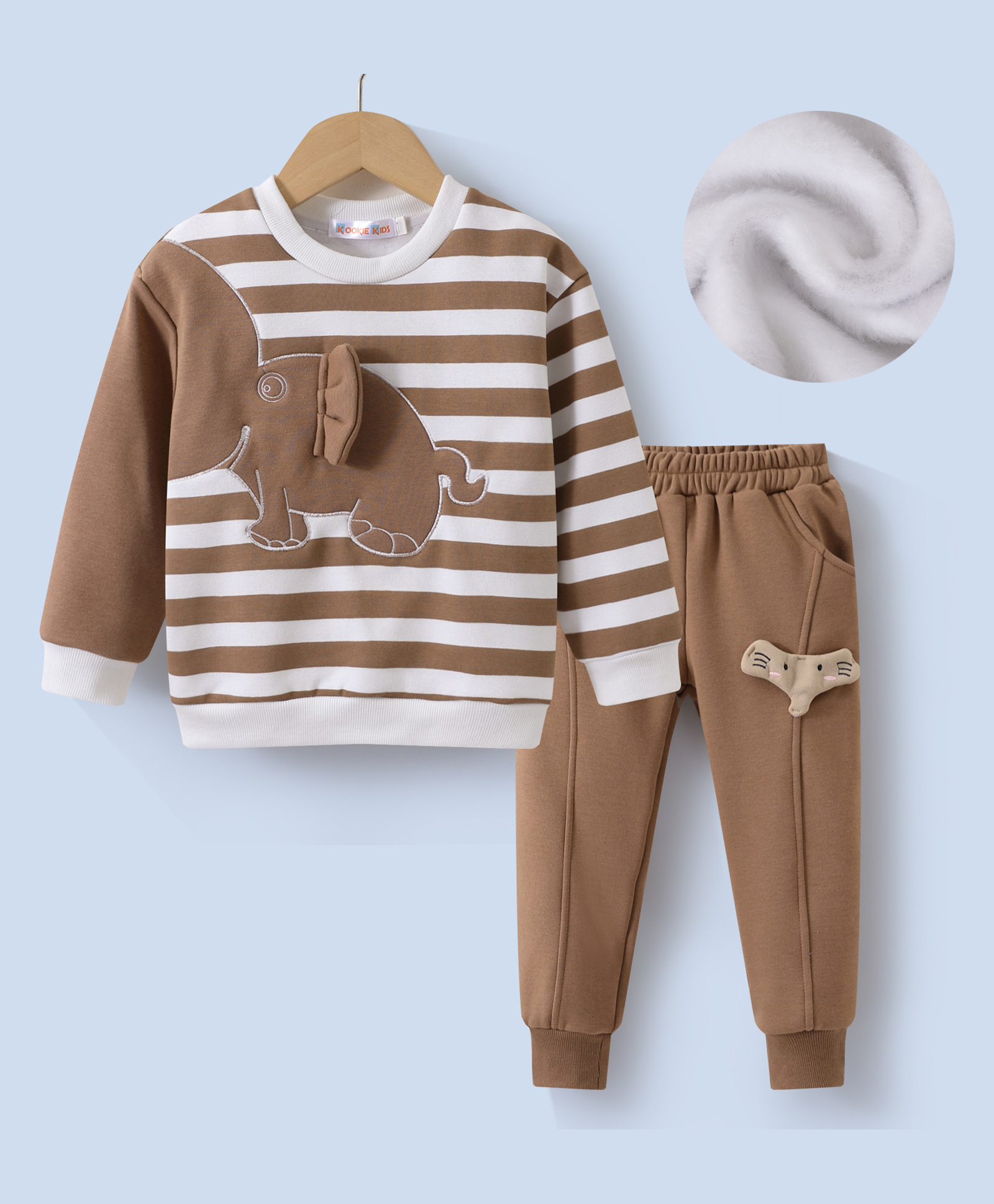 Kookie Kids Full Sleeves Winter T-Shirt & Lounge Pant Set With Elephant Applique - Brown-picture-17