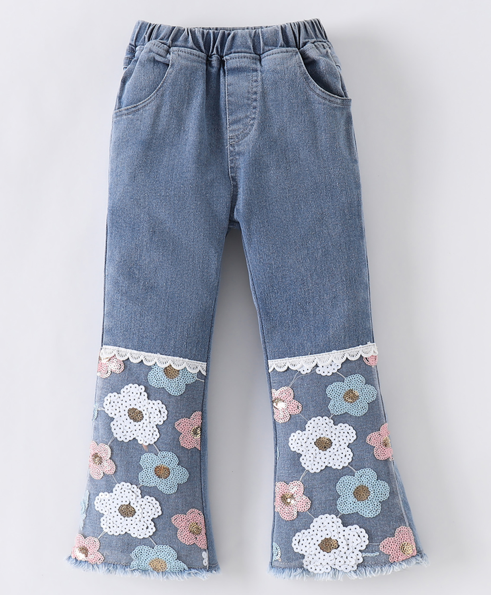Kookie Kids Full Length Denim Jeans With Sequins & Lace Detailing - Blue-image-40