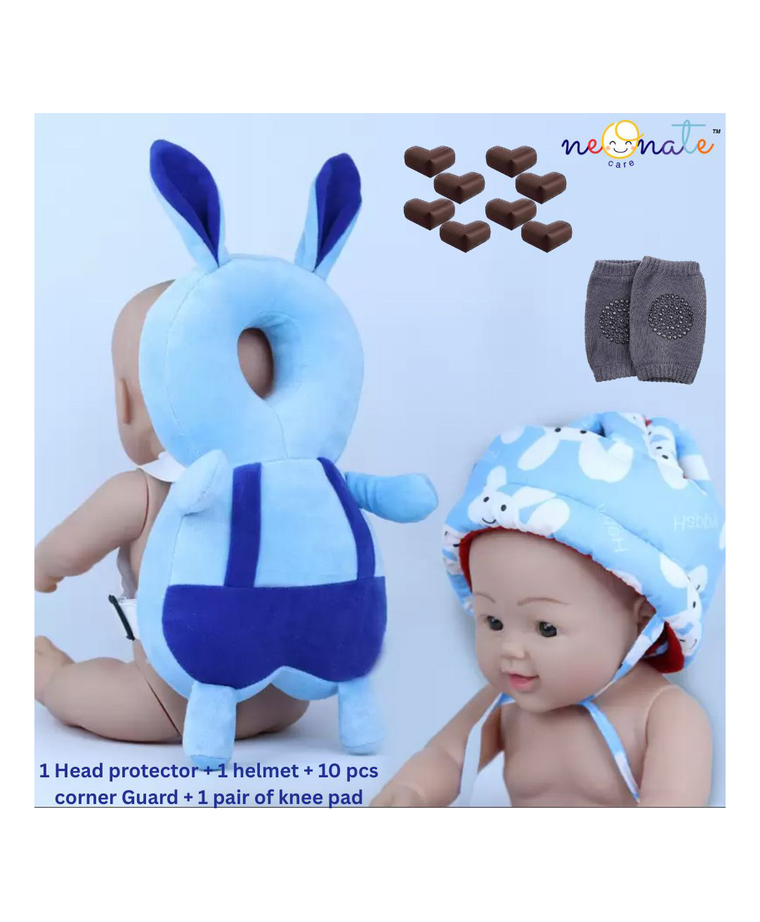 NeonateCare Baby Helmet(blue smiley helmet) Baby Head Protection Cushion Backpack(blue rabbit head protector)With Knee pad(multicolor) and 10 pcs corner guards (pack of 4 utility items)( color and design may vary)-picture-10