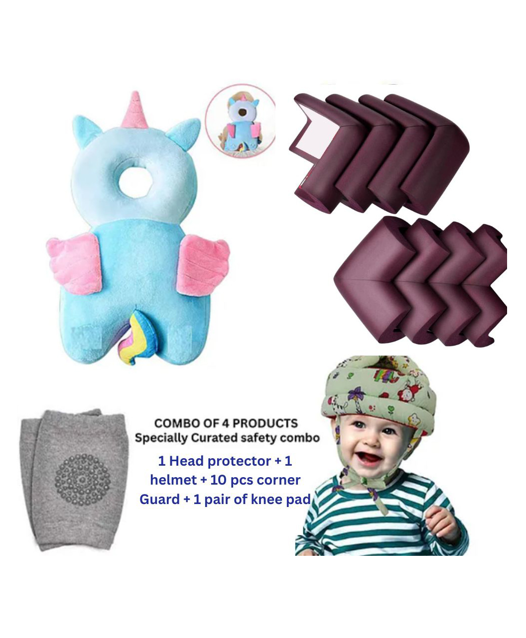Neonate Care Baby Helmet(green jungle helmet) Baby Head Protection Cushion Backpack(unicorn head protector)With Knee pad(multicolor) and 10 pcs corner guards (pack of 4 utility items)( color and design may vary)-image-46