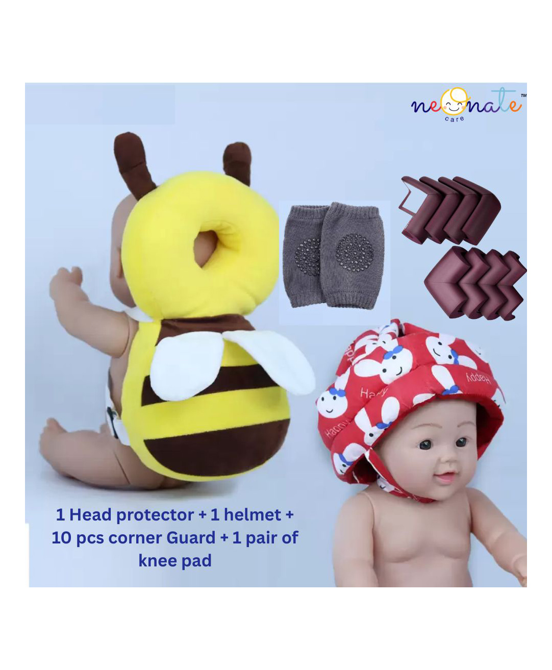 Neonate Care Baby Helmet(red smiley helmet) Baby Head Protection Cushion Backpack(yellow head protector)With Knee pad(multicolor) and 10 pcs corner guards (pack of 4 utility items)( color and design may vary)-image-3