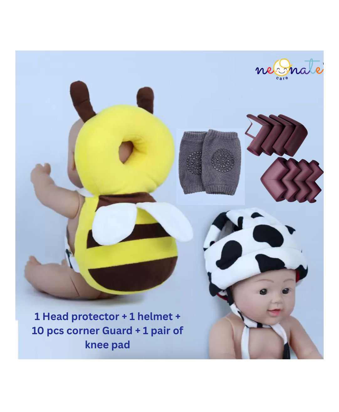 Neonate Care Baby Helmet(white black dotted helmet) Baby Head Protector (yellow head protector) With Knee pad(multicolor) and 10 pcs corner guards (pack of 4)( color and design may vary)-image-4