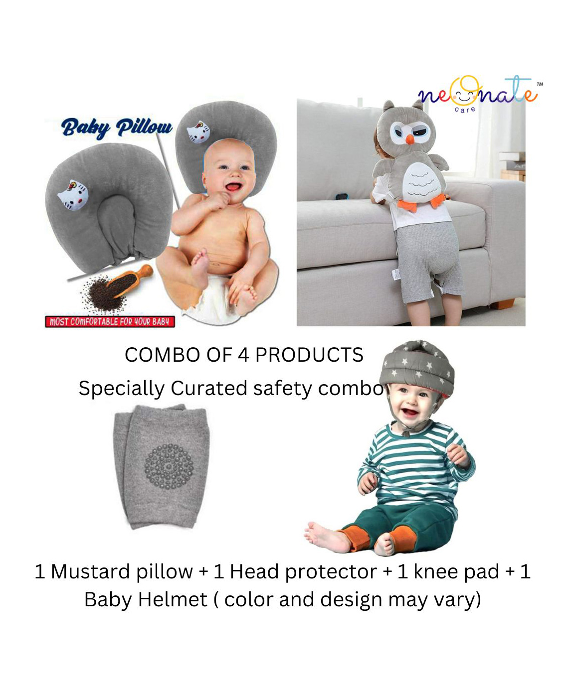 NeonateCare Baby Helmet(Grey star) Baby Head Protection Cushion Backpack(Grey)With Knee pad(multicolor) and Mustard Pillow ( Grey kitti printed) pack of 4 utility items( color and design may vary)-picture-33