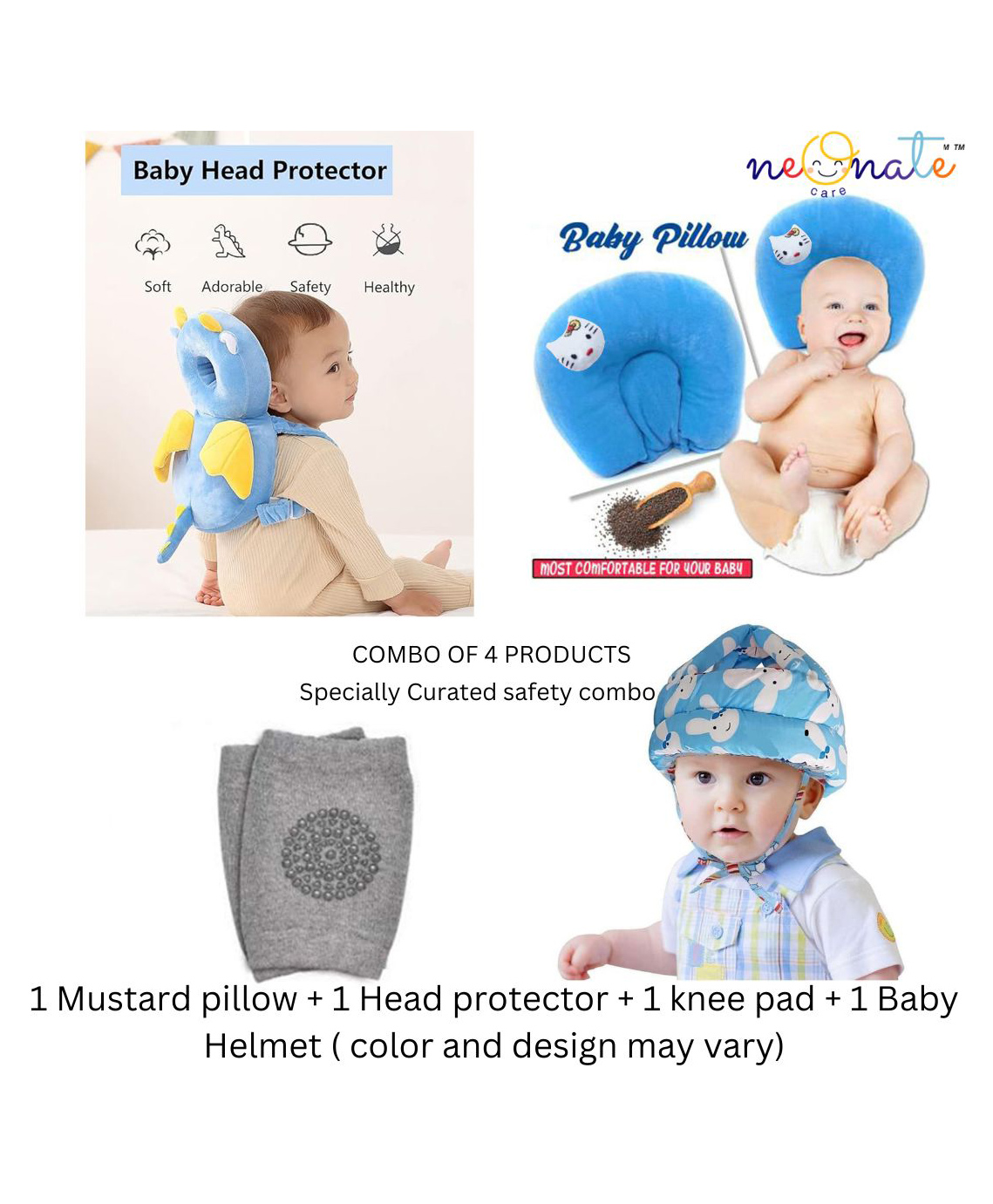 NeonateCare Baby Helmet(Blue Smiley) Baby Head Protection Cushion Backpack(blue feathers)With Knee pad(multicolor) and Mustard Pillow ( blue kitti printed) pack of 4 utility items( color and design may vary)-picture-34