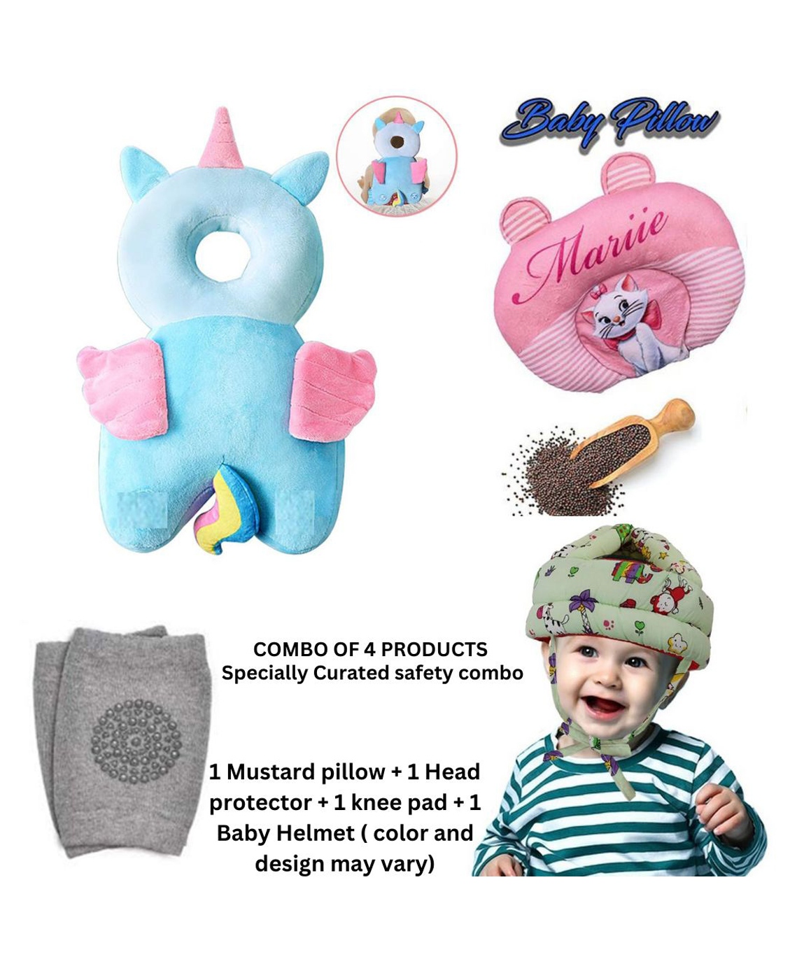 NeonateCare Baby Helmet(Green Jungle) Baby Head Protection Cushion Backpack(unicorn head protector)With Knee pad(multicolor) and Mustard Pillow ( pink marie printed) pack of 4 utility items( color and design may vary)-picture-36