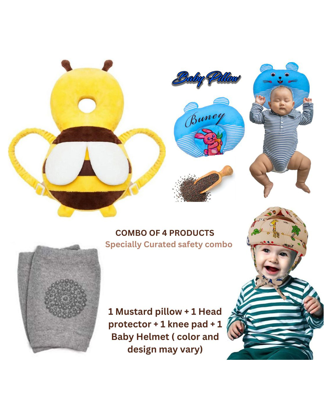 NeonateCare Baby Helmet(Cream Jungle) Baby Head Protection Cushion Backpack(Yellow head protector)With Knee pad(multicolor) and Mustard Pillow ( Blue marie printed) pack of 4 utility items( color and design may vary)-picture-35