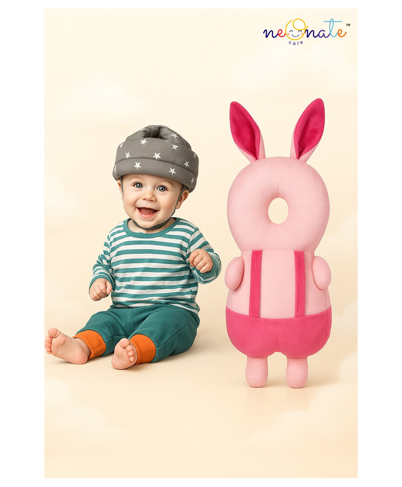 NeonateCare Combo Baby Helmet Baby Head Protector (Grey)and Baby Head Protection Cushion Backpack(Rabbit Pink)-image-38