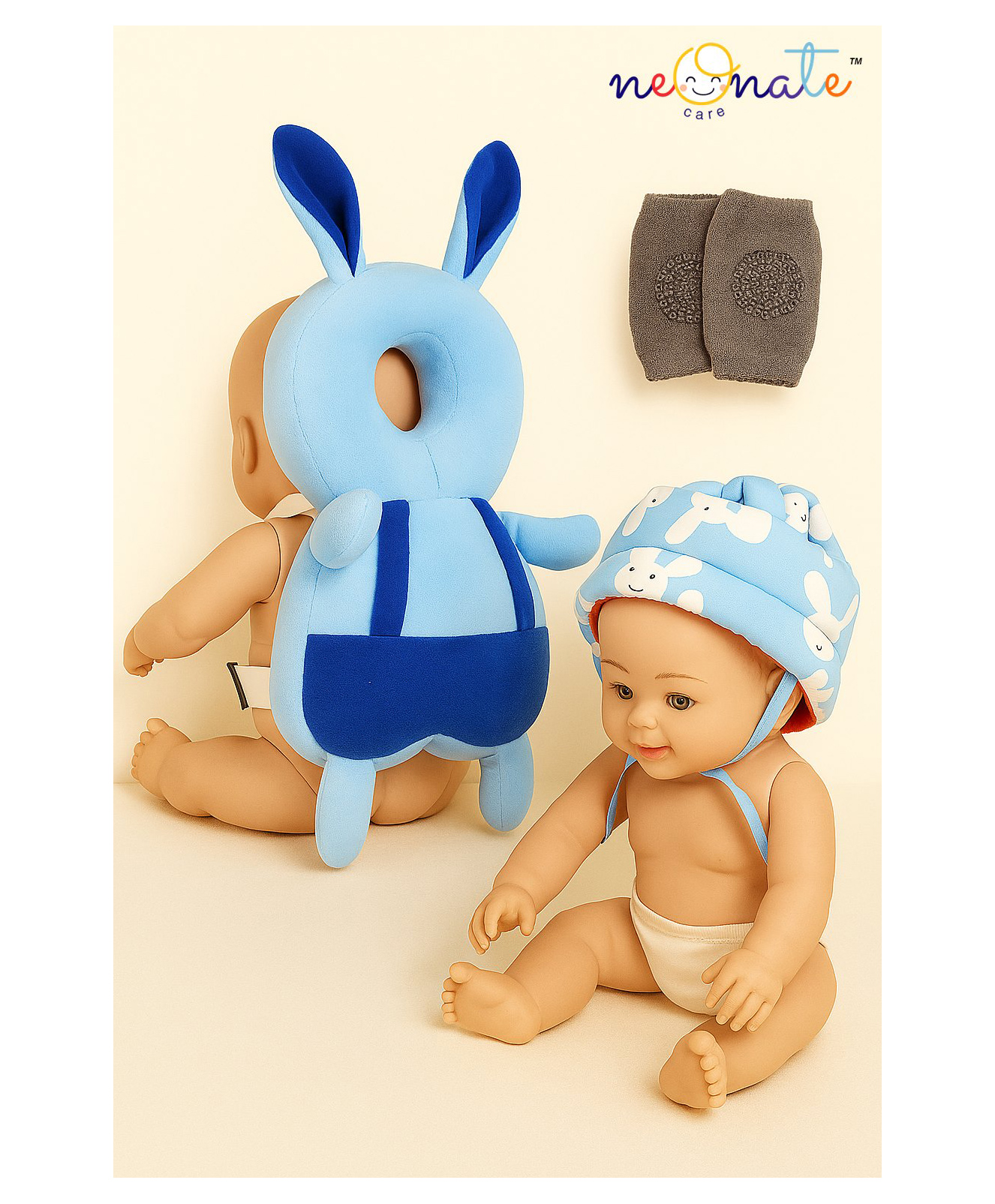 NeonateCare Baby Helmet(Blue Smiley) Baby Head Protection Cushion Backpack(Blue Rabbit) With Knee pad(multicolor) pack of 3 utility items( color and design may vary)-picture-12