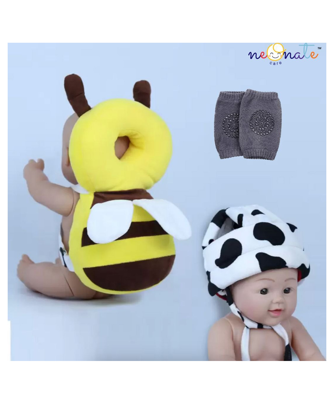 NeonateCare Baby Helmet(White Grey Helmet) Baby Head Protection Cushion Backpack(Yellow Head protector) With Knee pad(multicolor) pack of 3 utility items( color and design may vary)-image-26