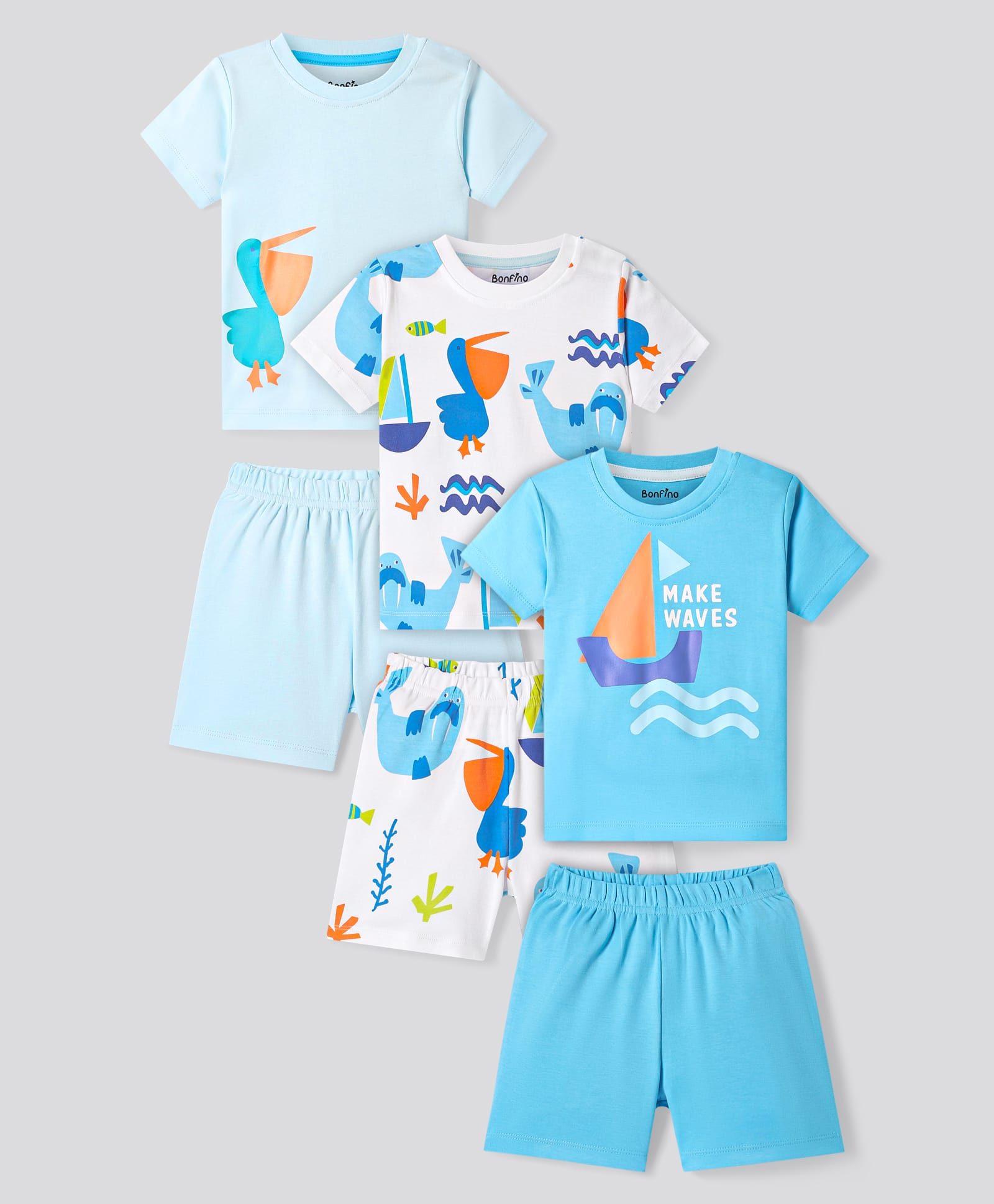 Bonfino Cotton Knit Half Sleeves T-Shirts & Short Night Suits with Nautical Theme Print Pack of 3 - Light Blue & White-image-46