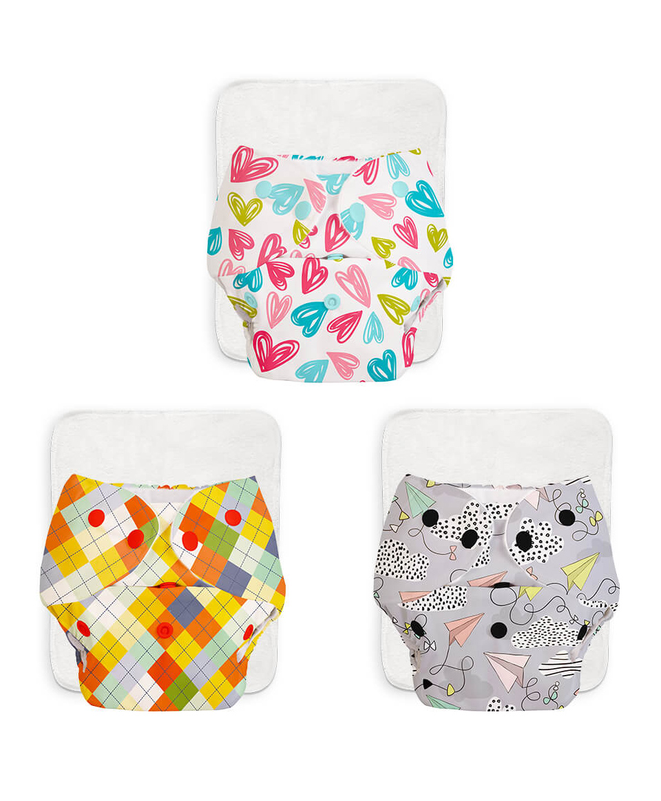 Superbottoms BASIC Washable & Reusable Cloth Diapers - Quick dry high absorption Diapers for Baby (3m-3y) Pack of 3 (3 Cloth Diapers & 3 Inserts) Freesize Adjustable and Reusable Cloth Diaper - Multicolor, 7 kg to 17 kg