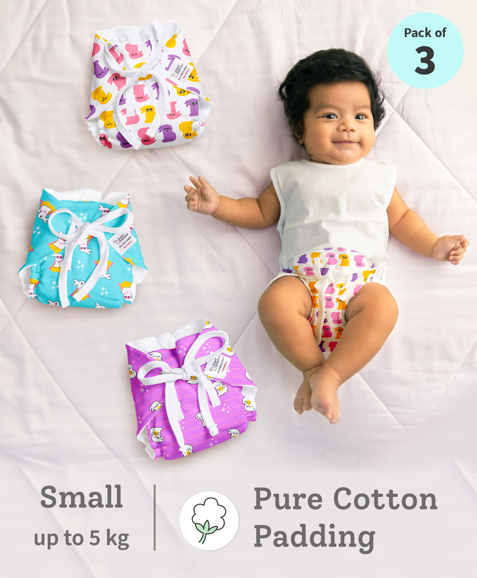 SuperBottoms DryFeel Langot for New Born Baby  Fully Waterproof  100% Cotton  Small  Pack of 3