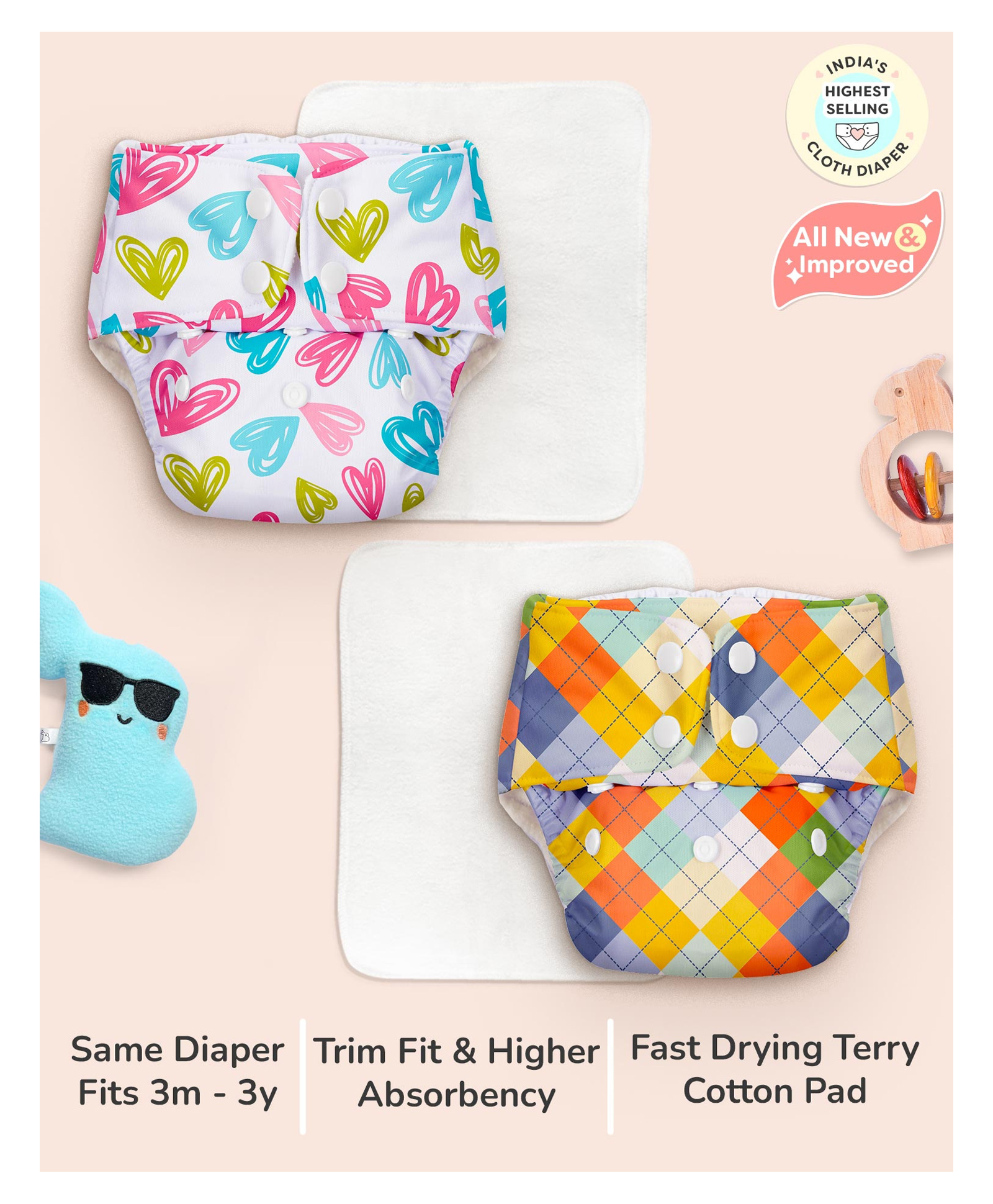 Superbottoms BASIC Washable & Reusable Cloth Diapers - Quick dry high absorption Diapers for Baby (3m-3y) Prefold Style Soaker Insert & Dry Feel Layer On Top Pack of 2 (Color &Print May Vary), 7 kg to 17 kg-image-27