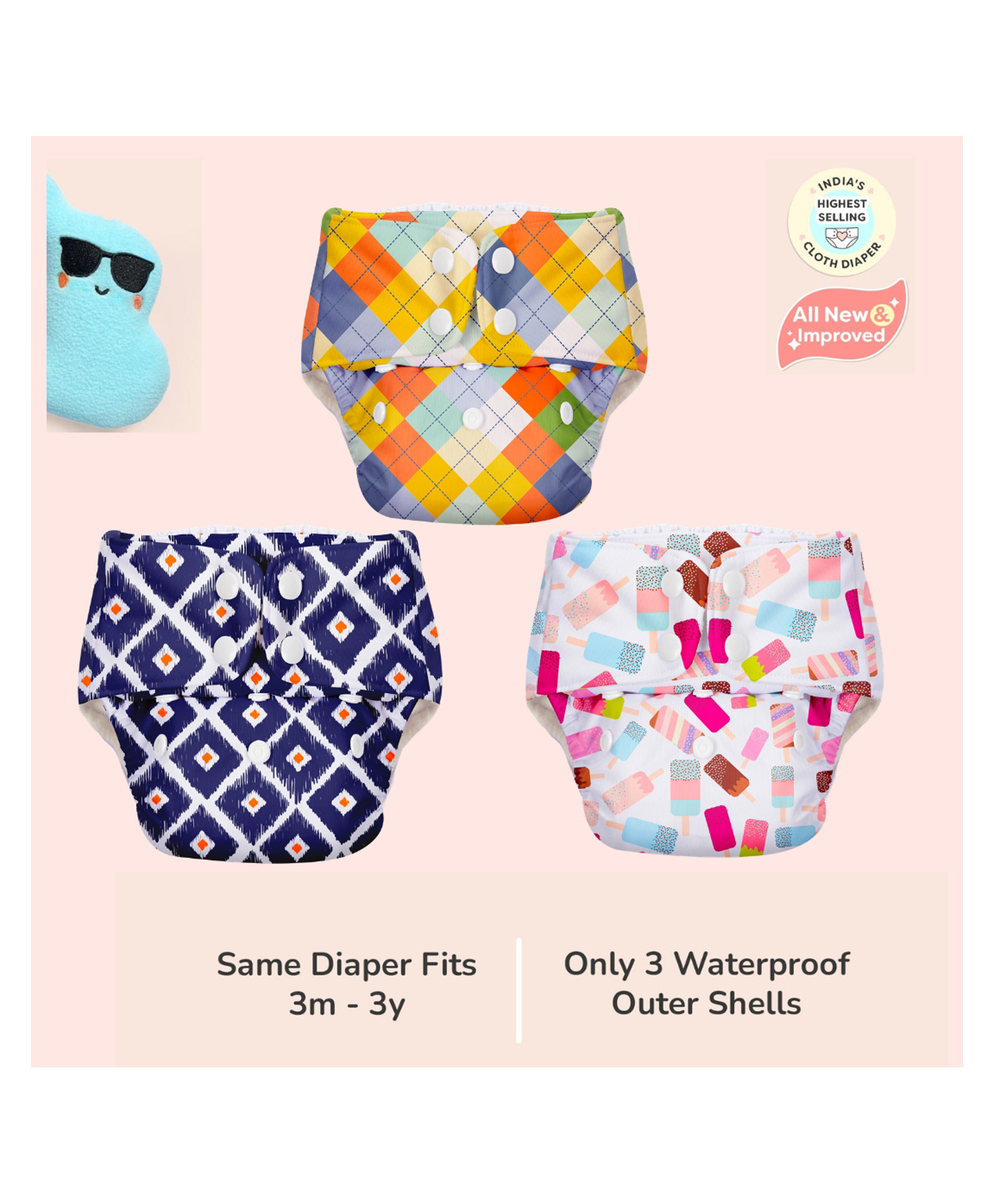 Superbottoms BASIC Washable & Reusable Cloth Diapers for Baby (3m-3y) Pack of 3 Outer Shell only (WITHOUT dry feel pad /soaker / insert) - Print may vary, 7 kg to 17 kg-image-39