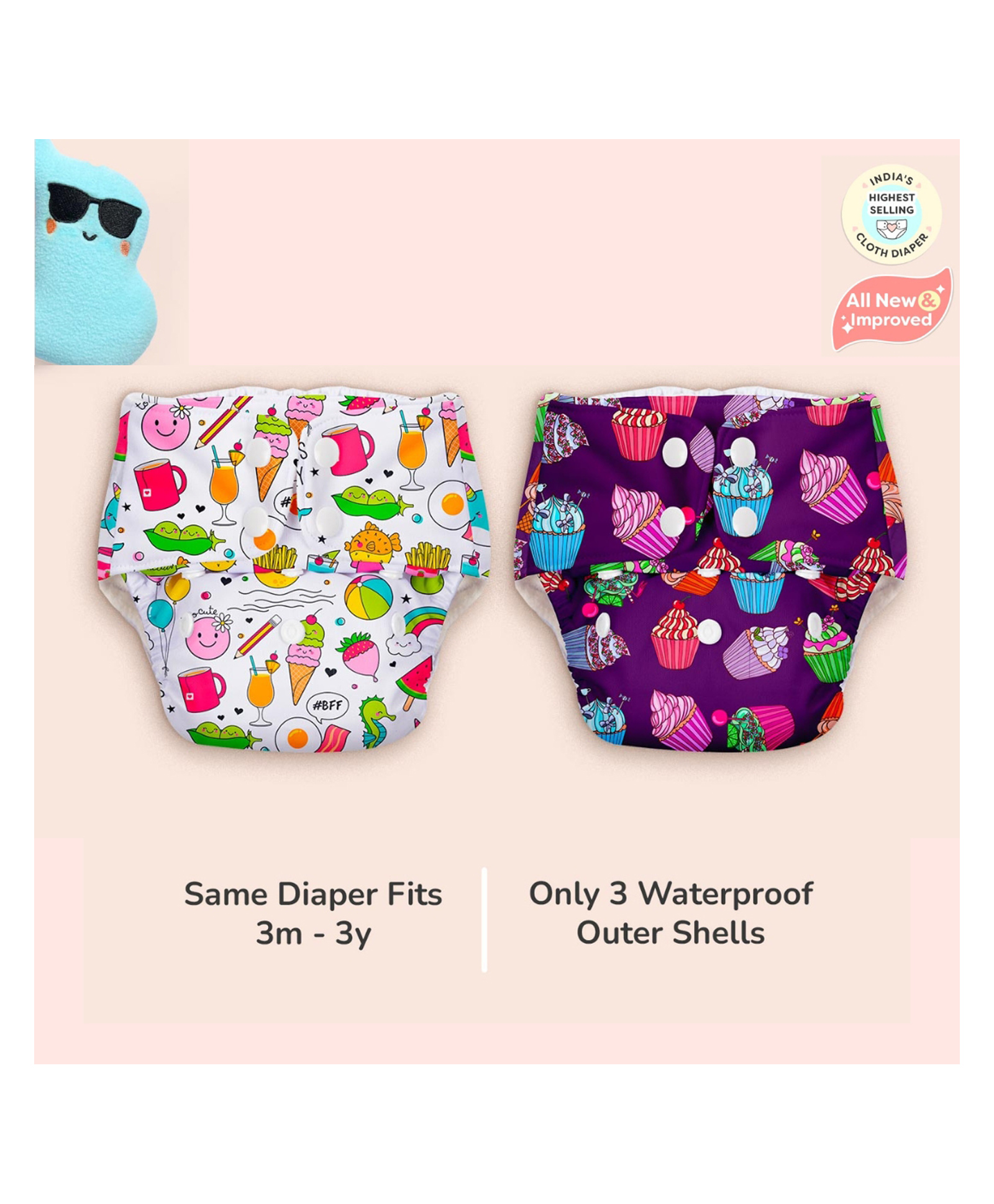 superbottoms BASIC Pack of 2 Reusable Cloth Diaper for babies 0-3 Years Freesize Adjustable - Washable and Reusable Diaper Outer Shell only (WITHOUT dry feel pad /soaker / insert) | Print may vary, 7 kg to 17 kg-image-29