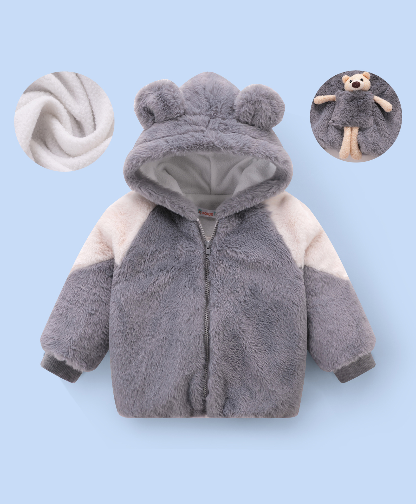 Kookie Kids Full Raglan Sleeves Hooded Winter Fur Jacket with Ears & Teddy Bear Applique - Grey-image-15