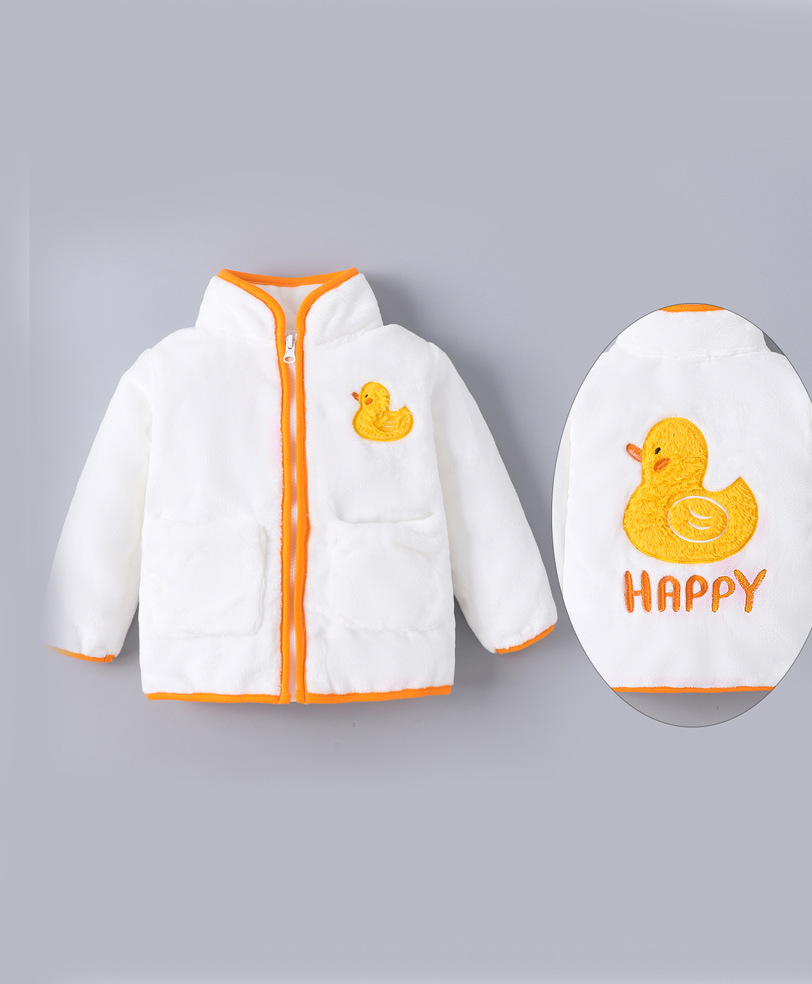Kookie Kids Full Sleeves High Neck Front Open Winter Fur Jacket with Duck Embroidery - White-picture-28
