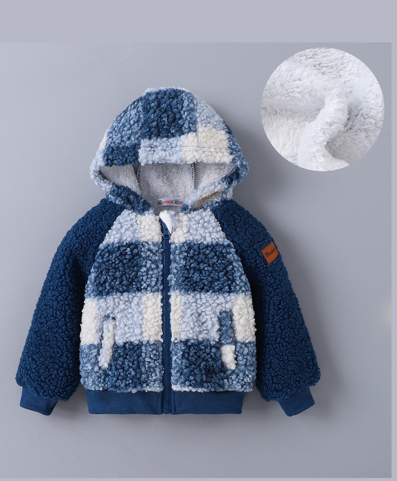 Kookie Kids Full Raglan Sleeves Hooded Winter Fur Jacket with Checks Design - Blue-picture-19