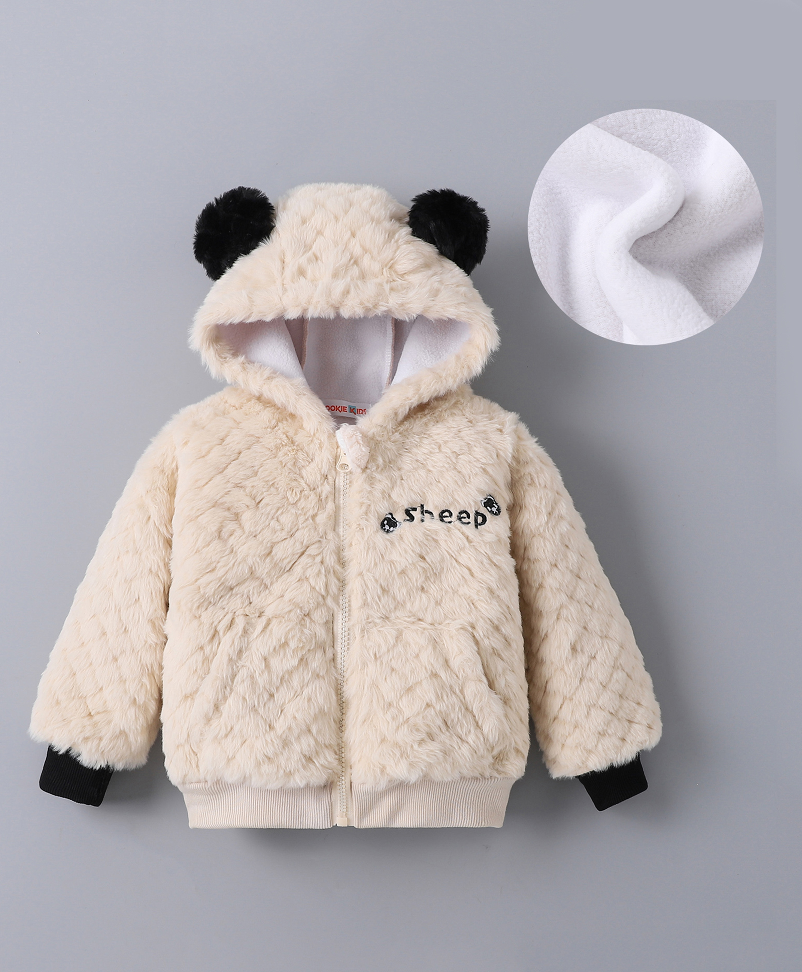Kookie Kids Full Sleeves Hooded Winter Fur Jacket with Text Embroidery & Ears Applique - Beige-picture-12