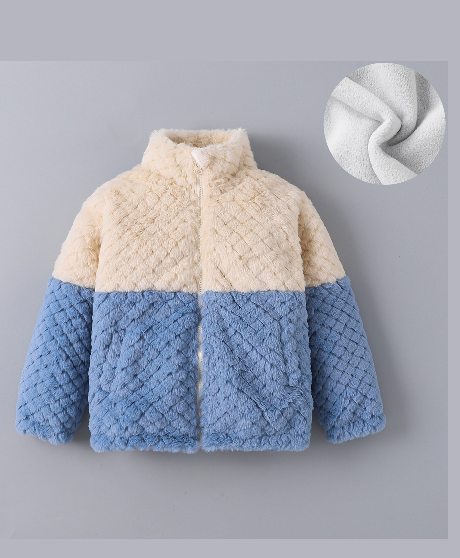 Kookie Kids Full Sleeves High Neck Winter Fur Jacket with Colour Block & Quilted Design - Blue-image-35