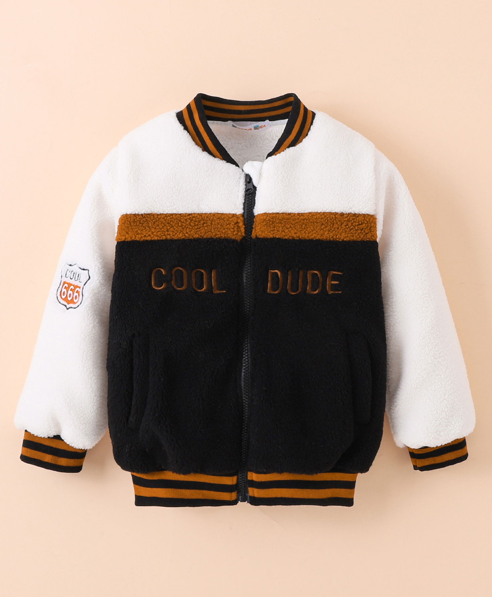Kookie Kids Full Sleeves Front Open Fur Bomber Jacket with Text Embroidery - Black-picture-22