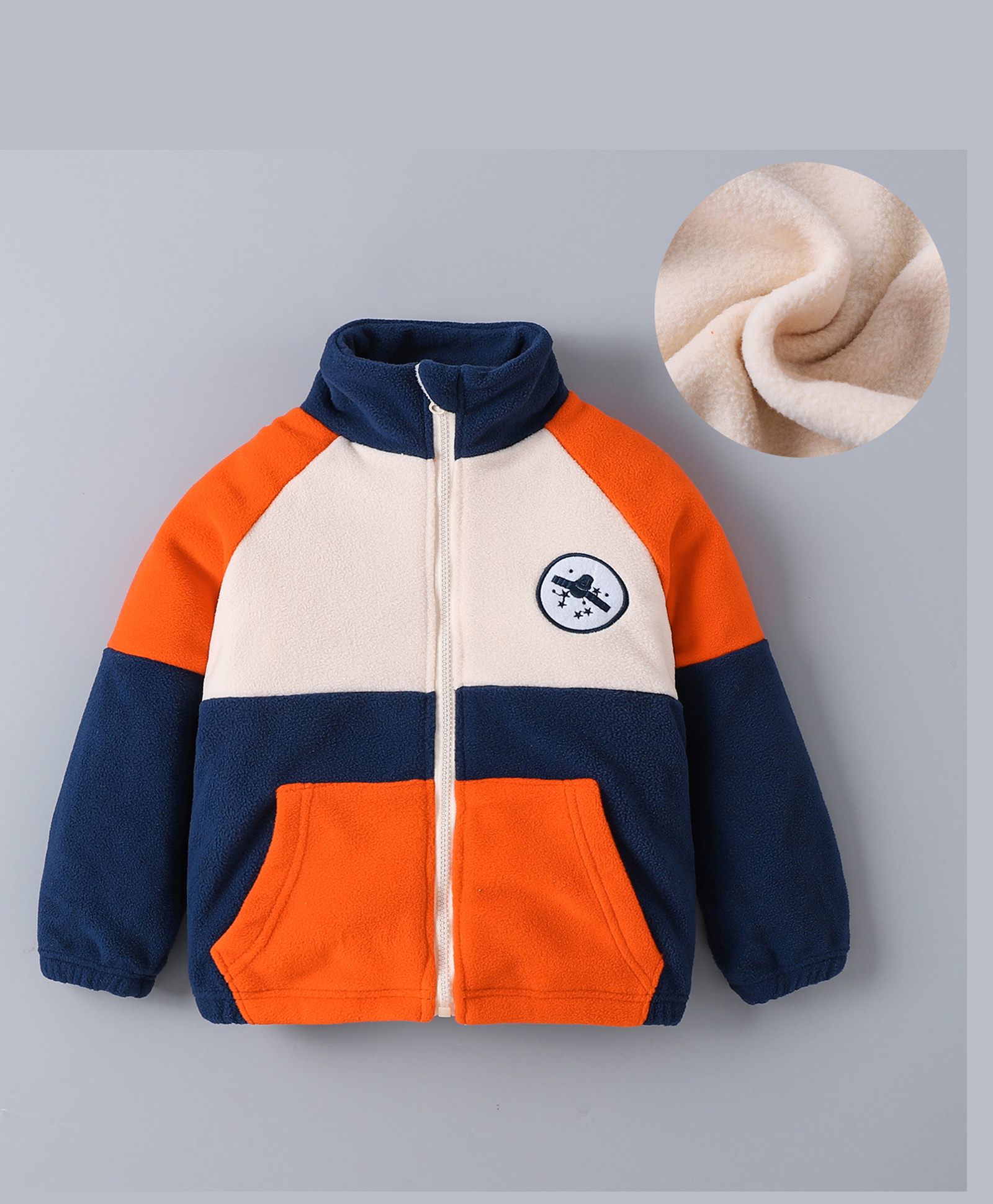 Kookie Kids Full Raglan Sleeves Cut & Sew Winter Jacket with Satellite Patch & Kangaroo Pockets - Navy Blue White & Orange-picture-27