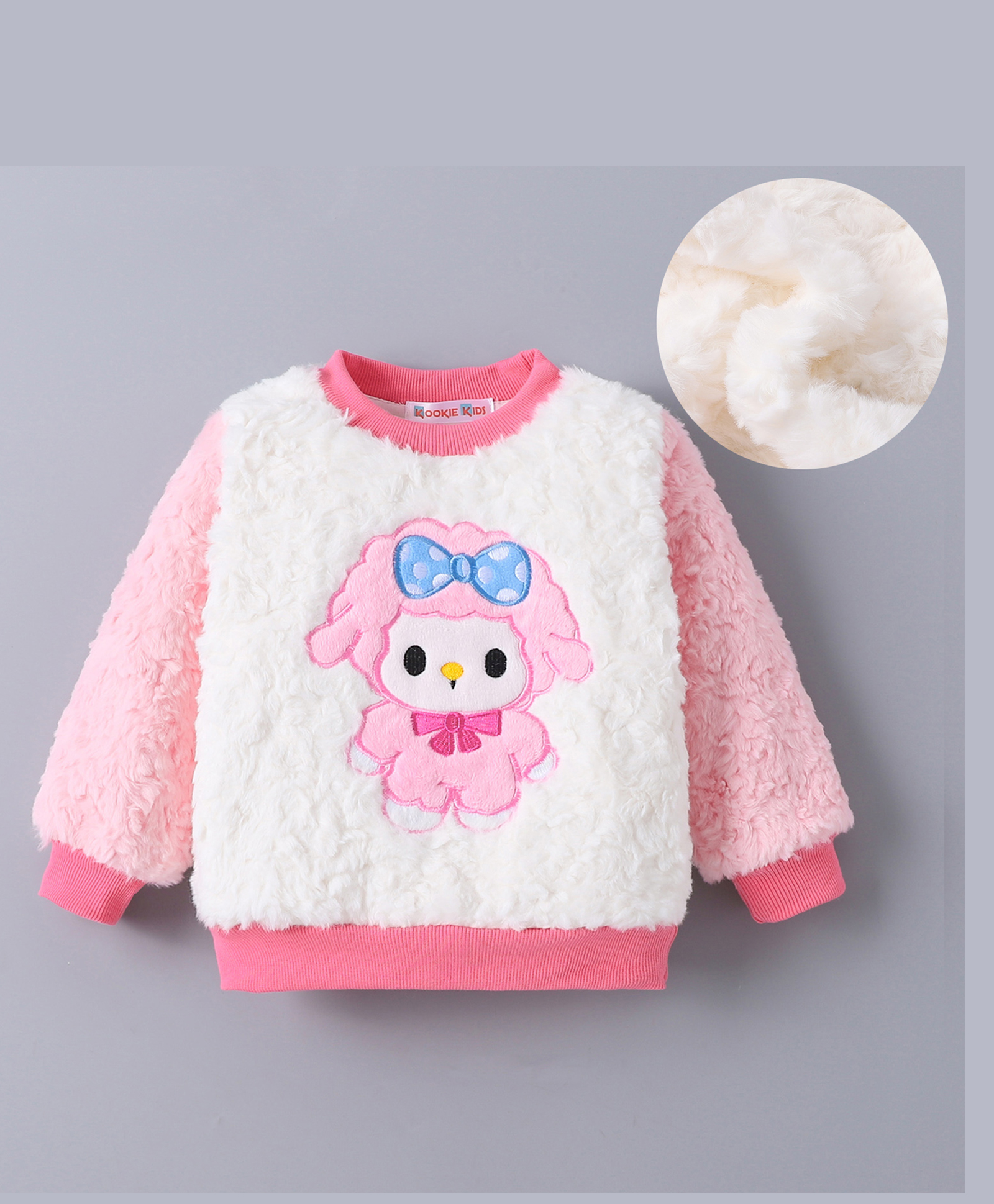 Kookie Kids Full Sleeves Sweat Shirt With Sheep Embroidery - Pink & White-picture-13