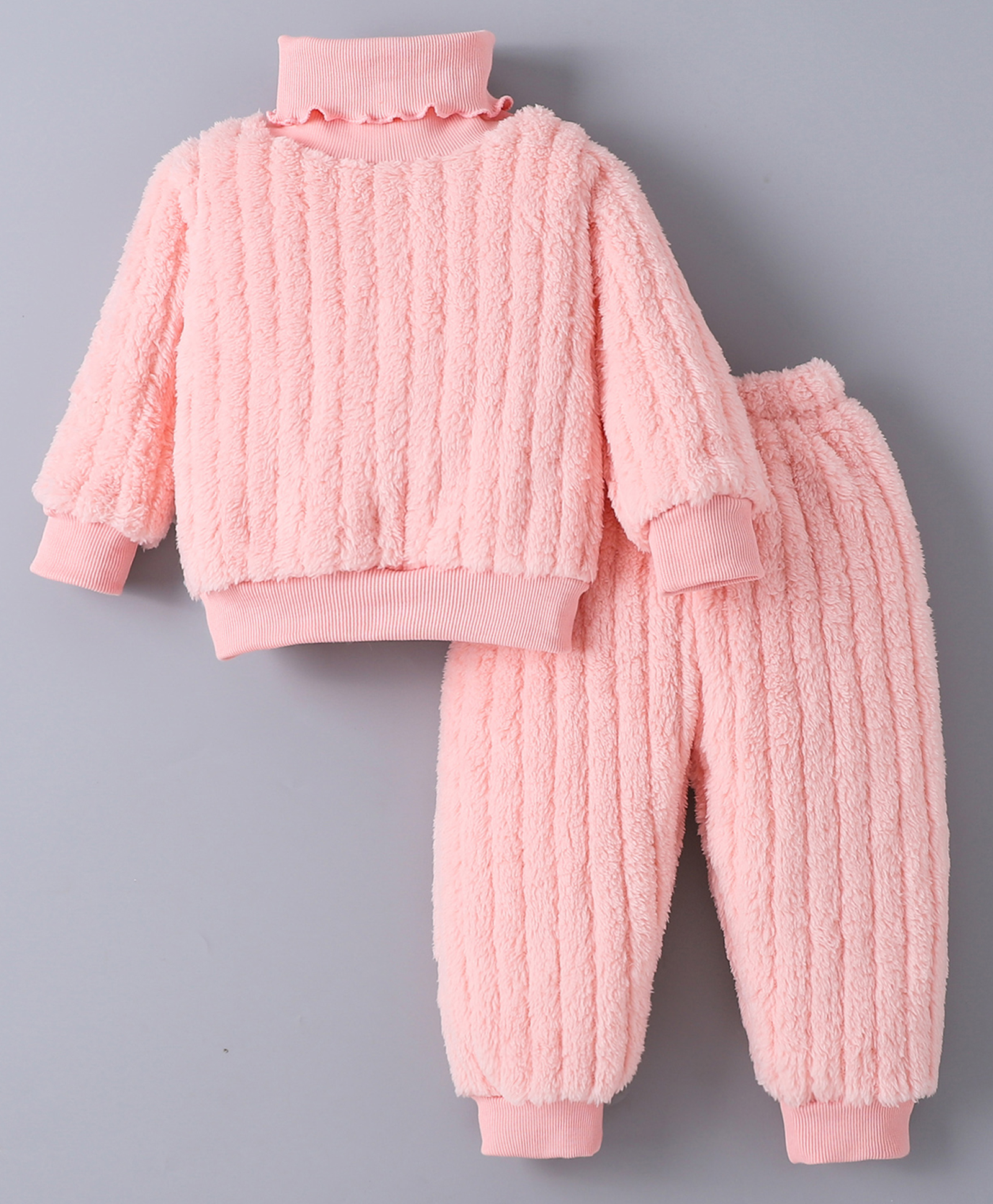 Kookie Kids Full Sleeves Solid Fur Winter Wear Turtle Neck T-Shirt & Joggers Set- Pink-picture-31