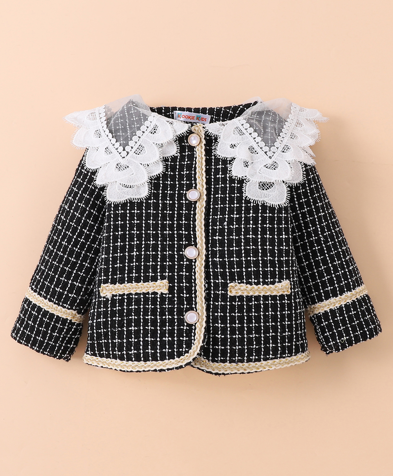 Kookie Kids Full Sleeves Checkered & Lace Detailed Winter Jacket - Black-image-17
