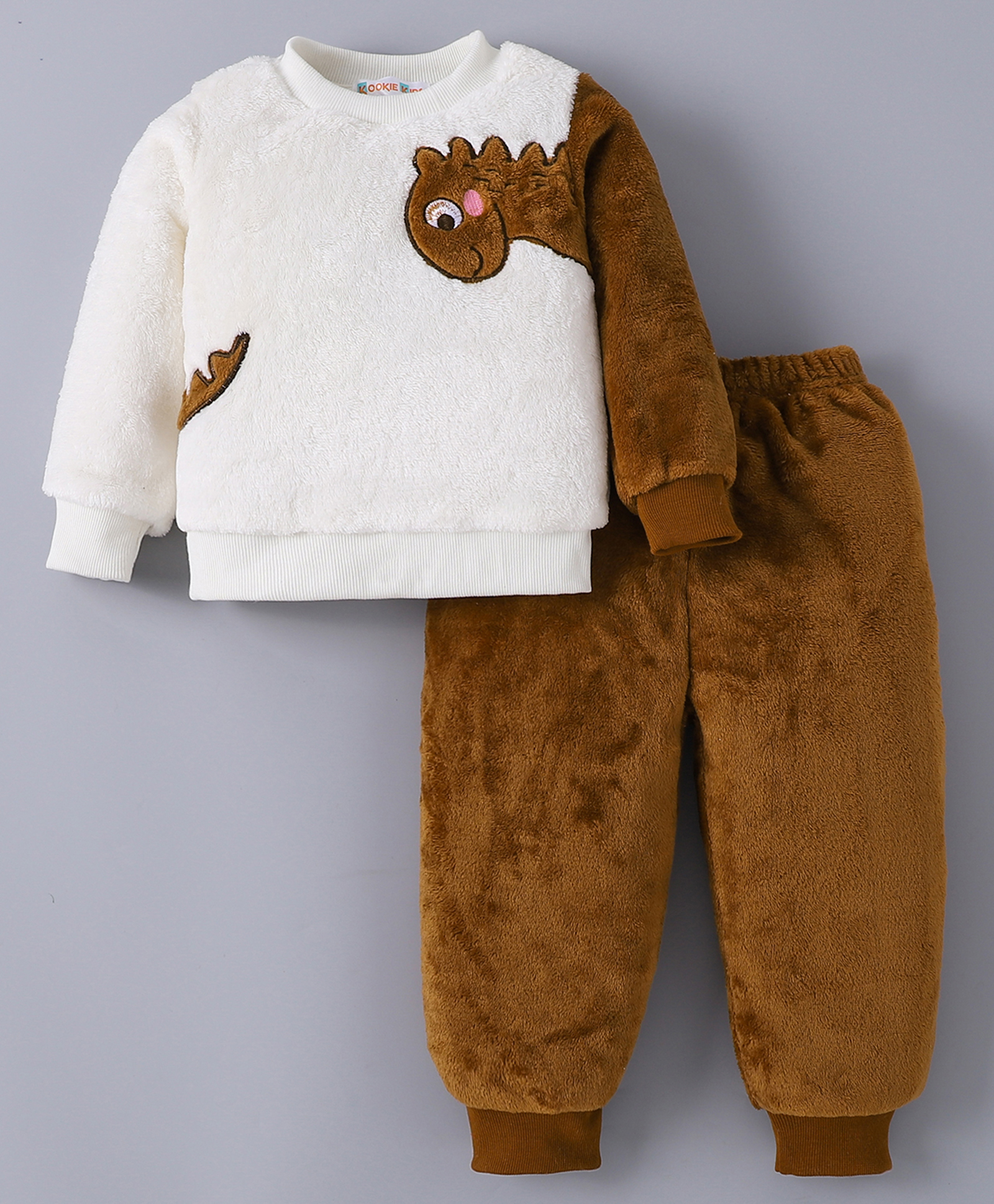 Kookie Kids Full Sleeves Winter Wear Suit With Dinosaur Applique - Brown & White-image-9