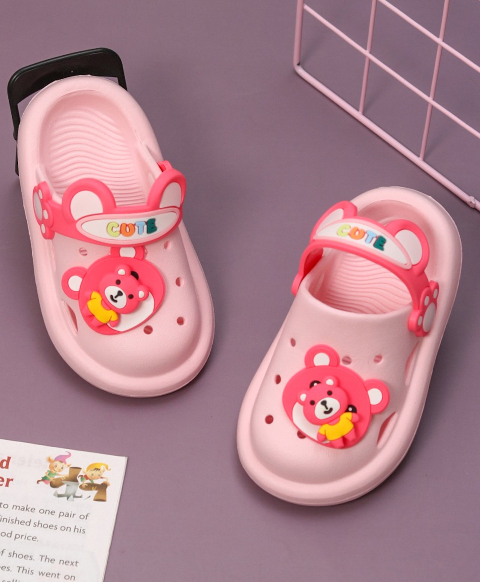 Yellow Bee Bear Applique Detailed Clogs - Pink-picture-24
