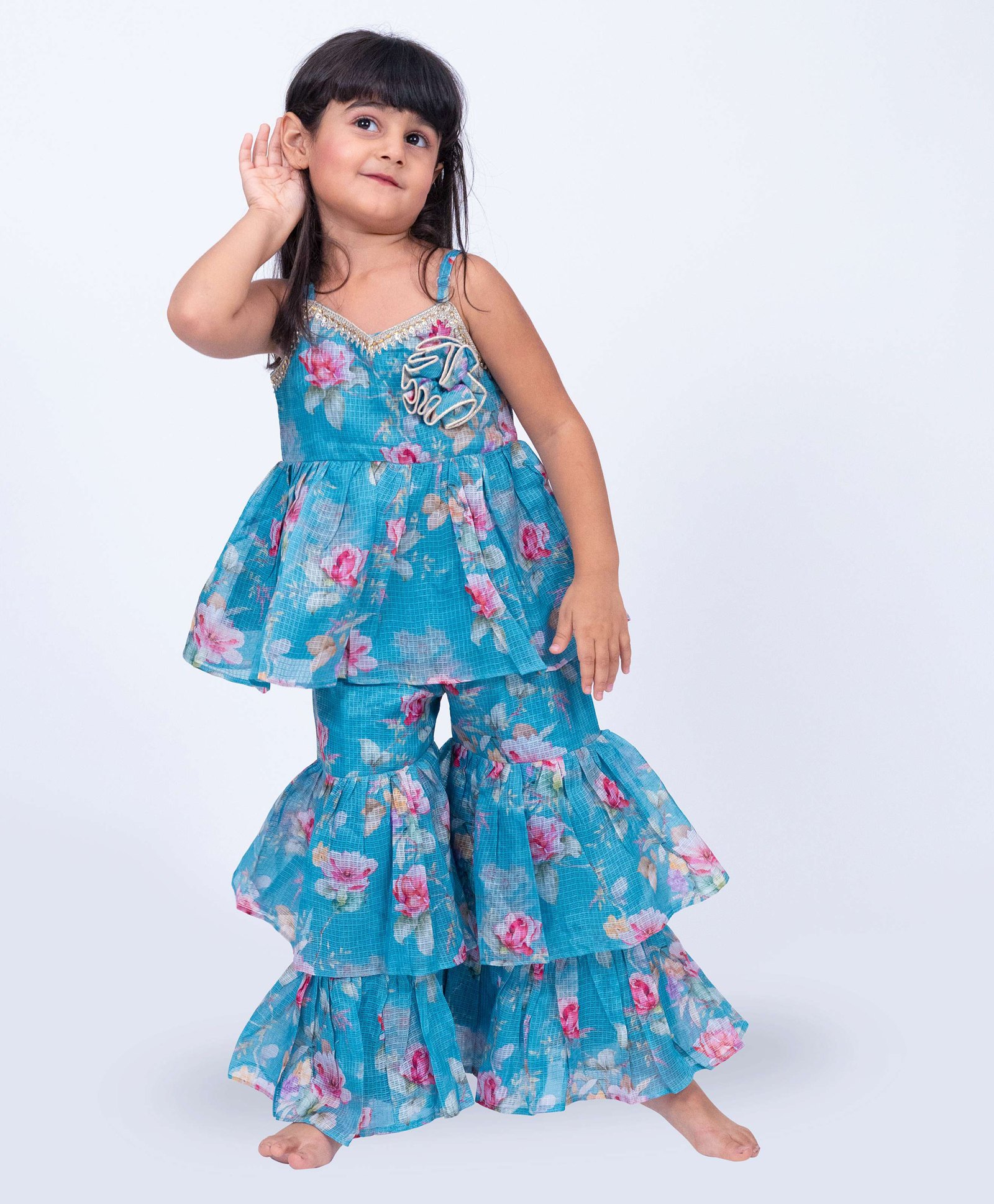 Twisha Sleeveless Floral Printed Layered Sequins & Lace Embellished Top With Sharara - Blue-image-40