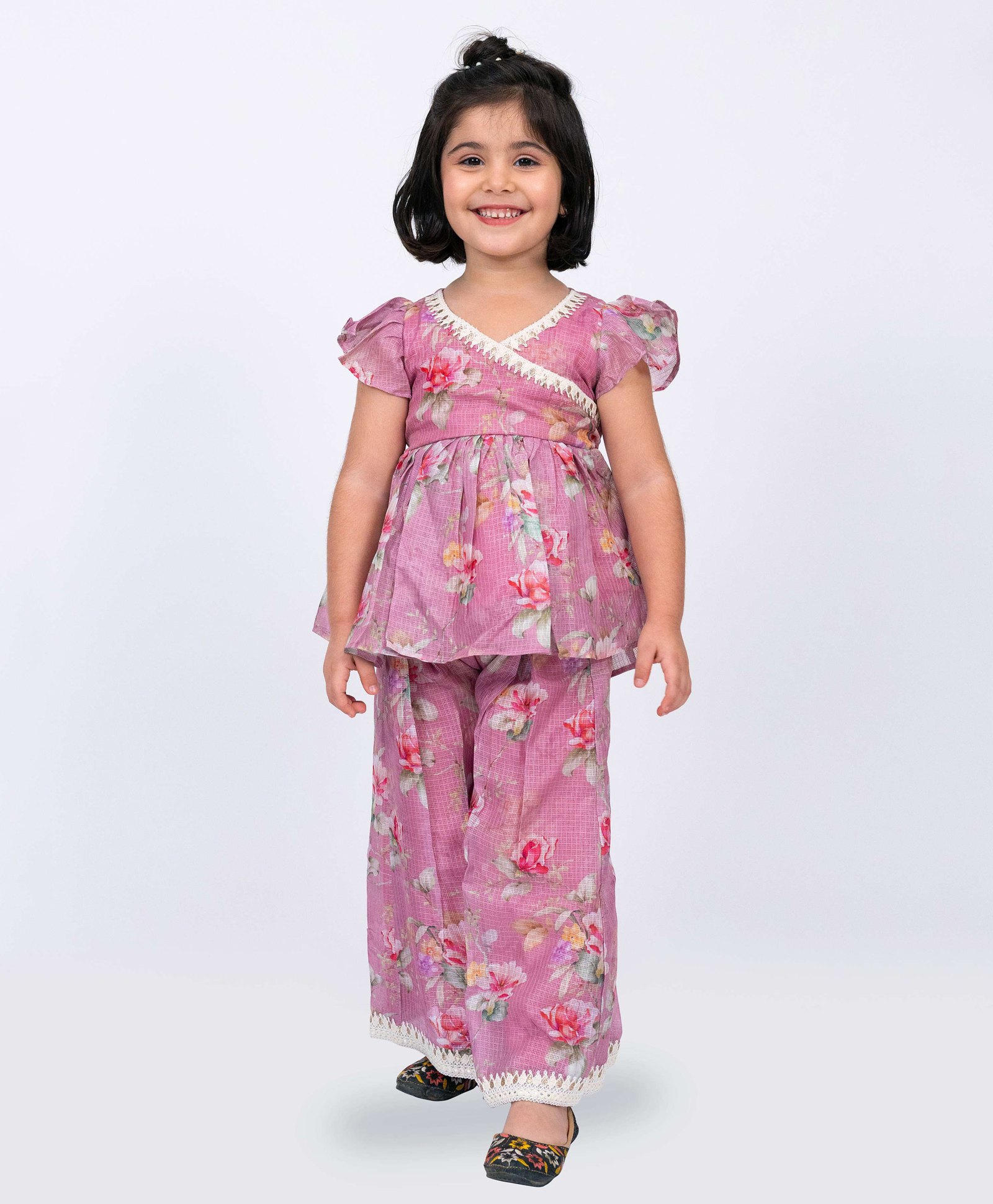 Twisha Half Sleeves Floral Printed & Lace Embellished Top With Coordinating Palazzo Set - Pink-image-26