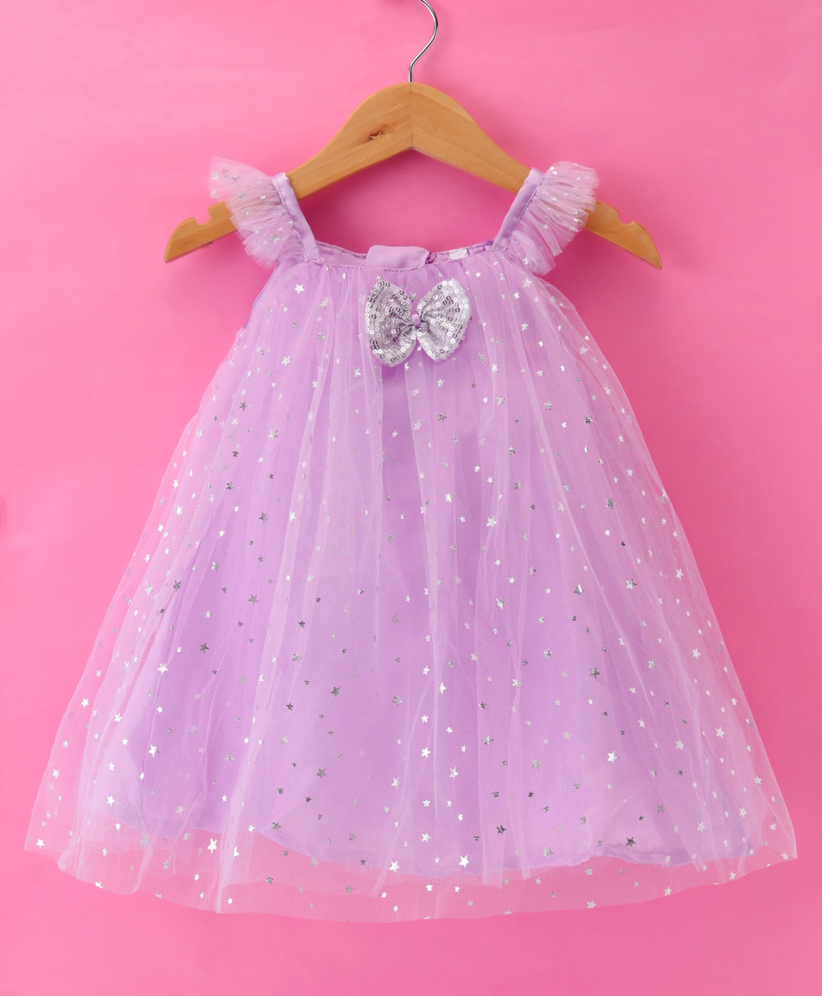 Babyhug Woven Frill Sleeves Foil Printed A  Line Party Frock with Bow Applique - Lilac-image-40
