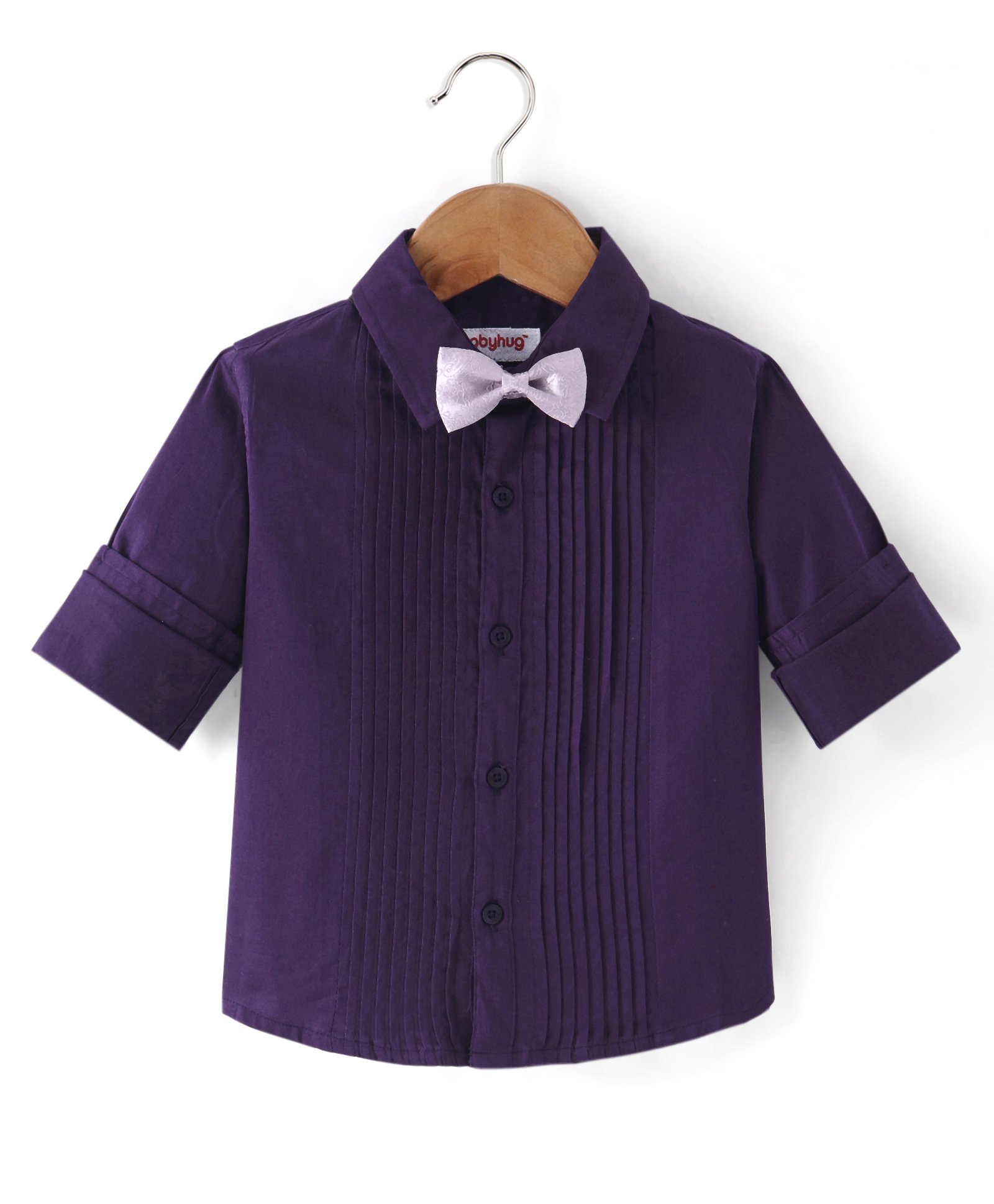 Babyhug Cotton Woven Full Sleeves Party Shirt Solid Colour with Pintuck Design & Bow - Purple-image-13