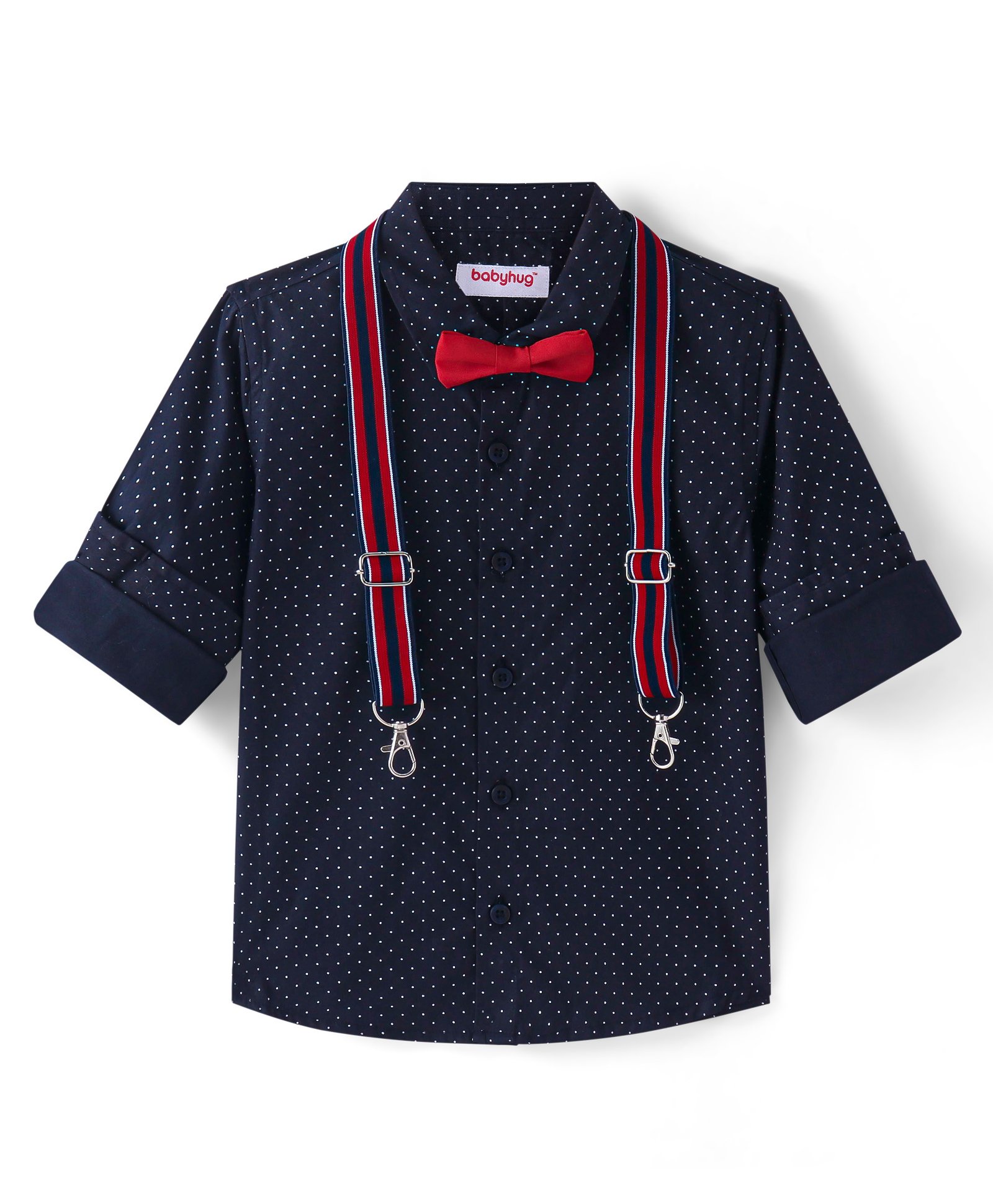 babyhug BabyhugWoven Full Sleeves Polka Dots Printed Party Shirt with Bow & Suspender - Navy Blue-picture-13