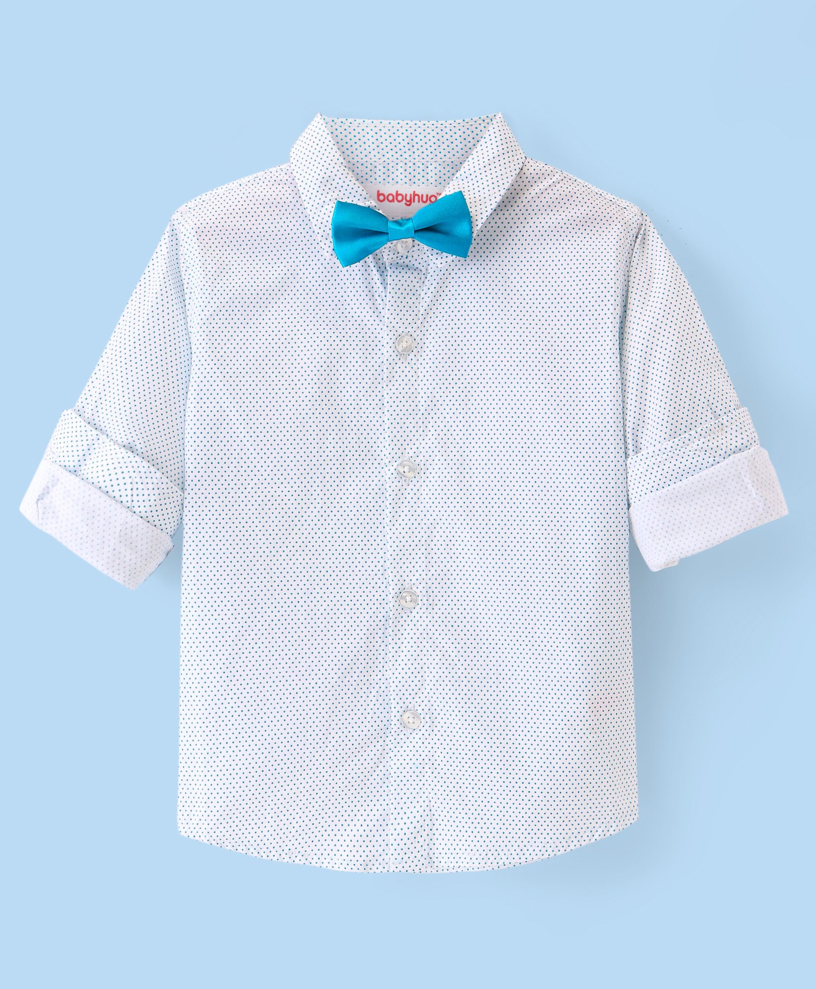 Babyhug Woven Full Sleeves Party Shirt with Bow & Polka Dots Print - White & Light Blue-picture-12