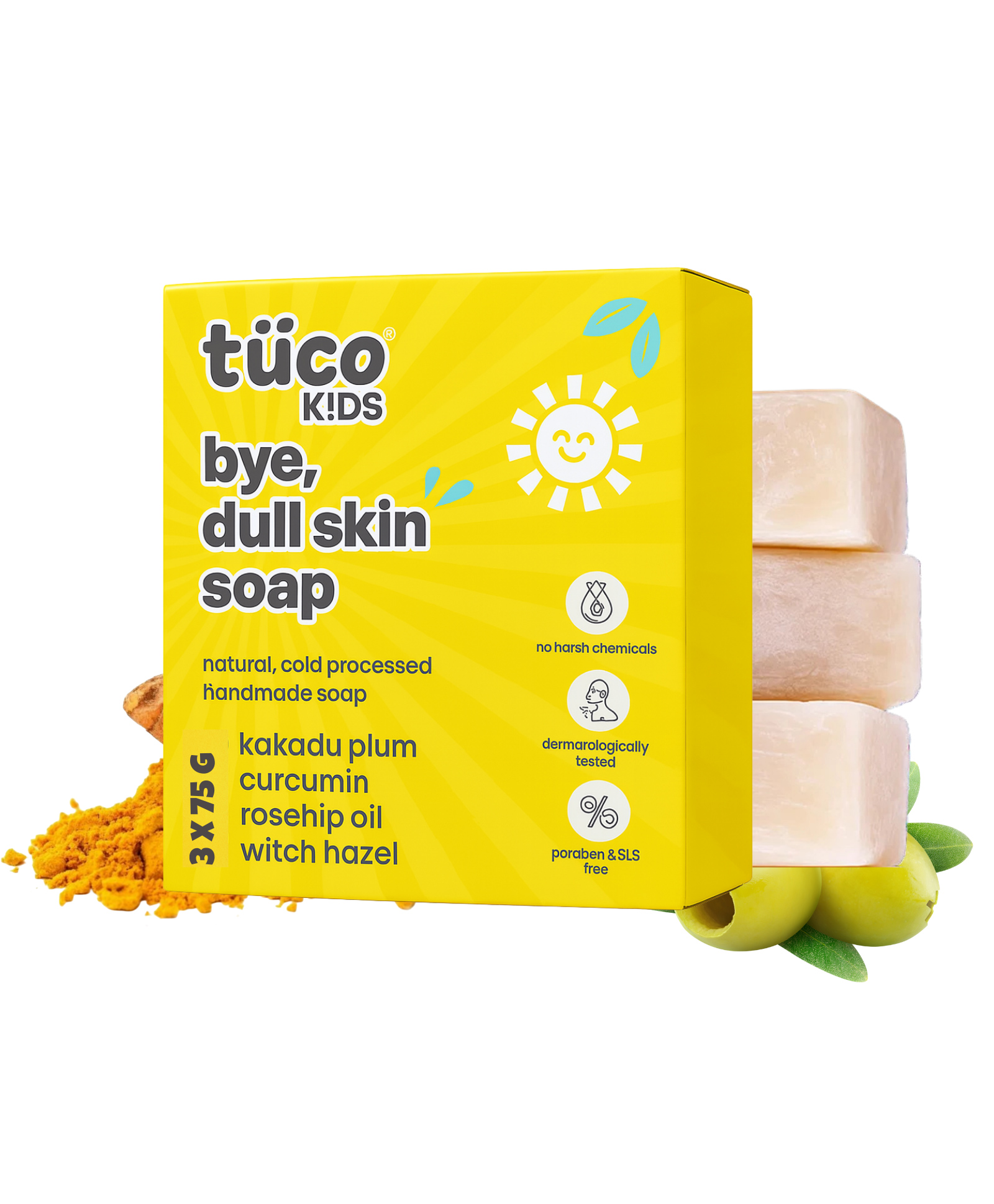 TuCo Intelligent Kids Bye, Dull Skin Soap Pack of 3X75 g with Turmeric Proven for Dull & Sensitive Skin-image-11