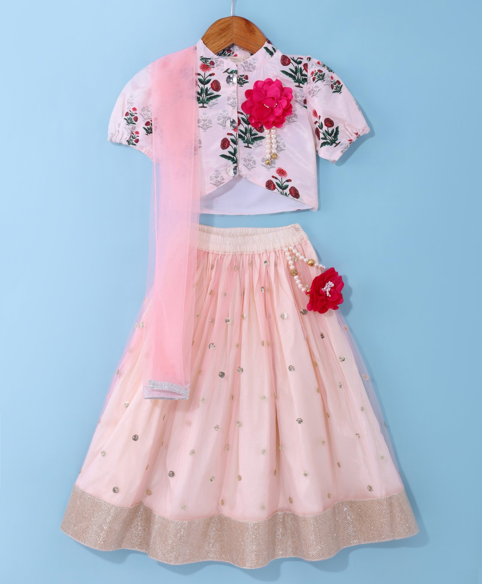 Saka Designs Jacquard Woven Half Sleeves Mardarin Collared Floral Print & Applique Choli With Sequined Embroidered Lehenga Set &Dupatta -Off White & Cream-image-39