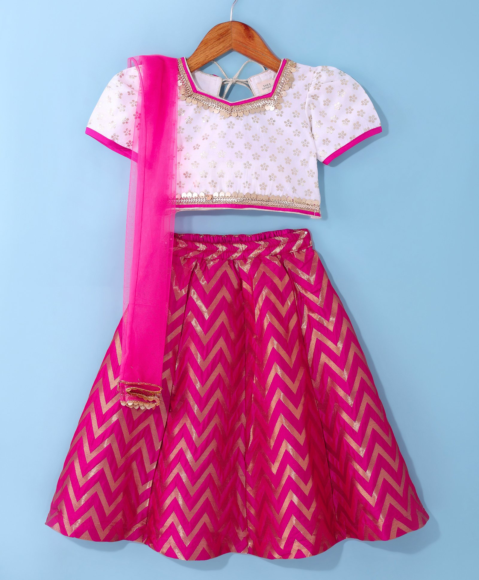 Saka Designs Jacquard Woven Half Sleeves Floral & Chevron Printed Choli Lehenga Set with Dupatta - Dark Pink & Off White-image-40