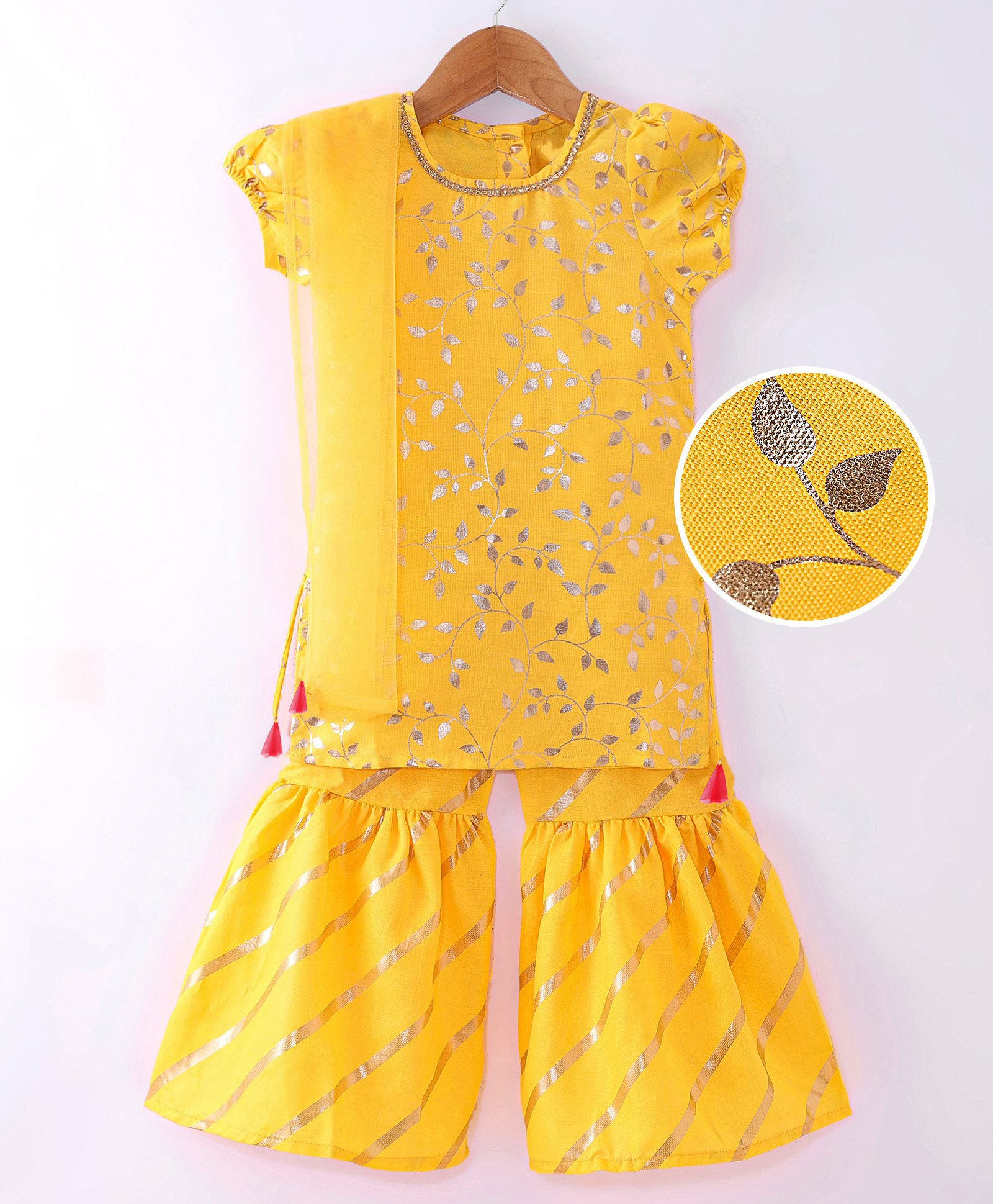 Saka Designs Jacquard Half Puff Sleeves Kurti & Gharara Set with Dupatta Floral Foil Print - Yellow-picture-27