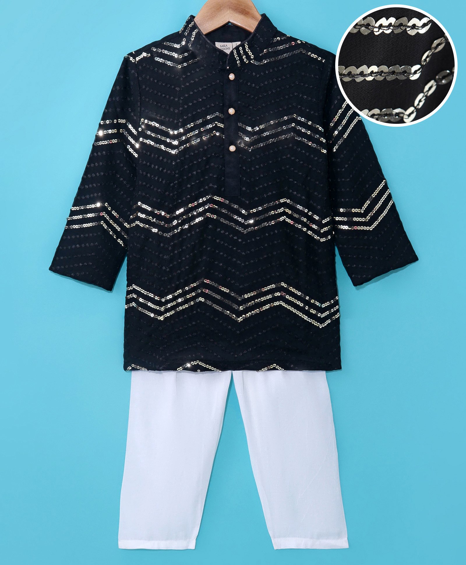 Saka Designs Cotton Woven Full Sleeves Sequined Embroidered Kurta Pyjama Set - Black & Golden-picture-26