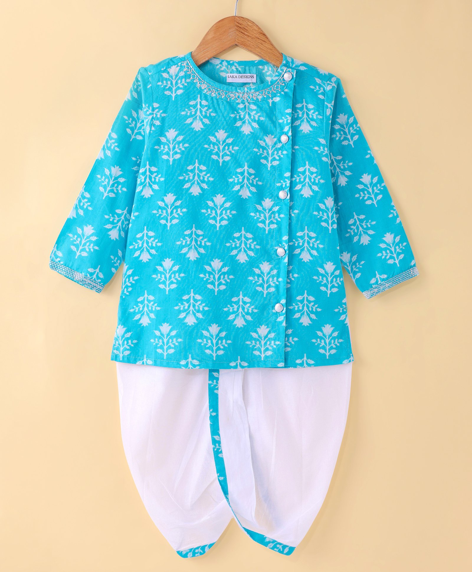 Saka Designs Cotton Woven Floral Printed Kurta & Dhoti Set - Light Blue & White-image-41