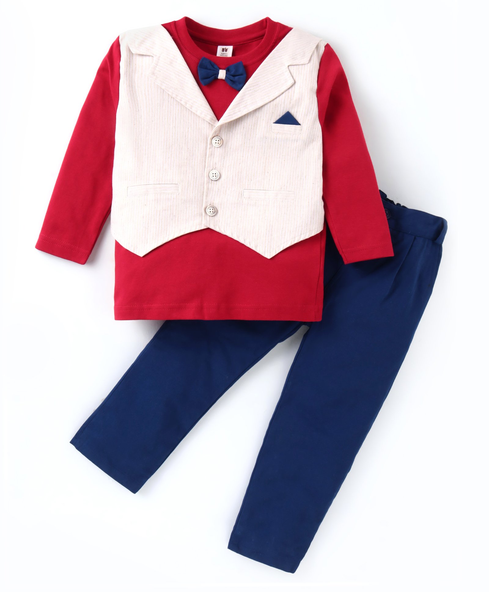 ToffyHouse Interlock Woven Full Sleeves T-Shirt & Trouser With Waistcoat & Bow Applique - Red & Navy Blue-image-6