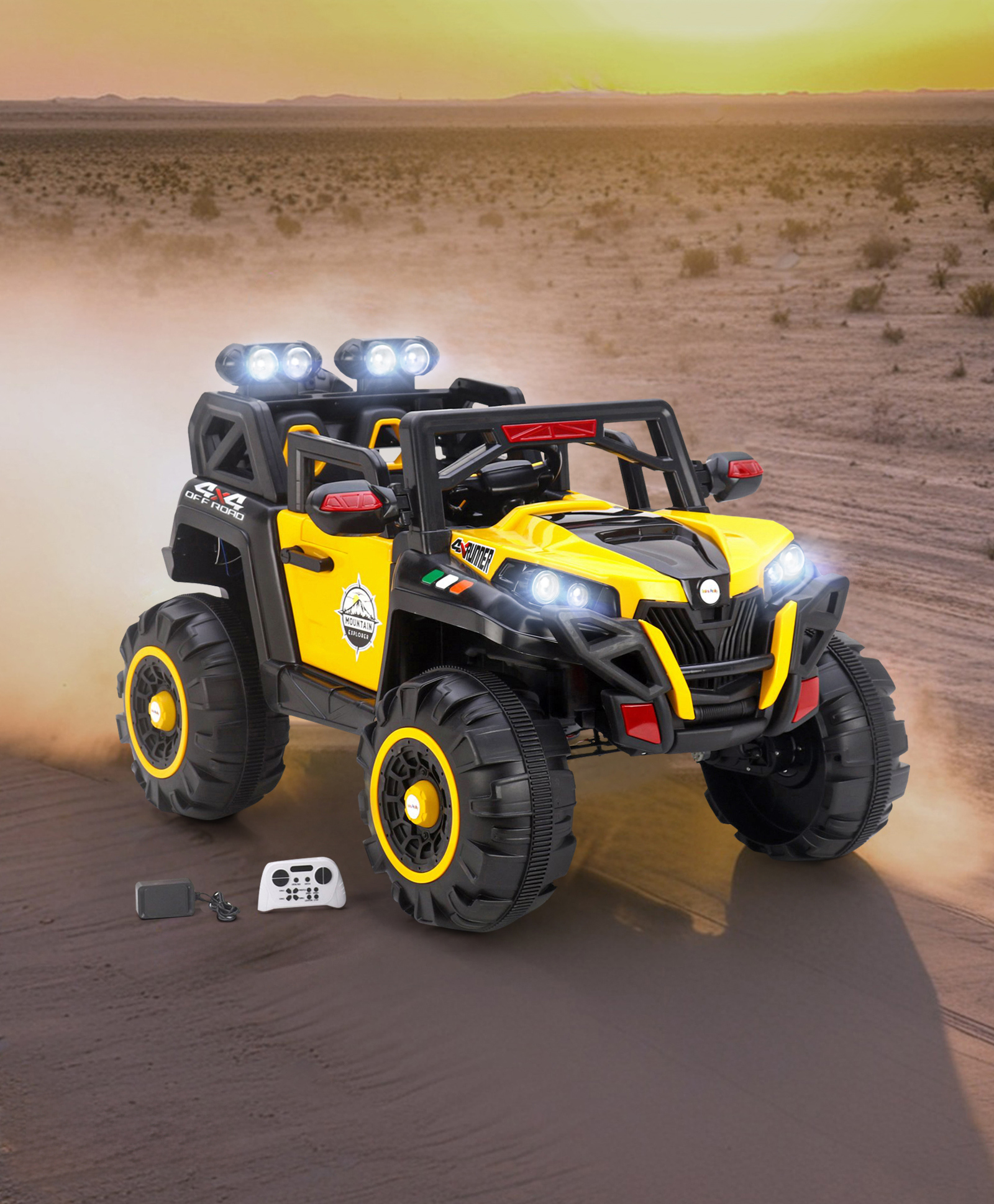 fab n funky Desert Thunder 4X4 Battery Operated Ride On Jeep With Music and Lights - Black & Yellow-picture-41